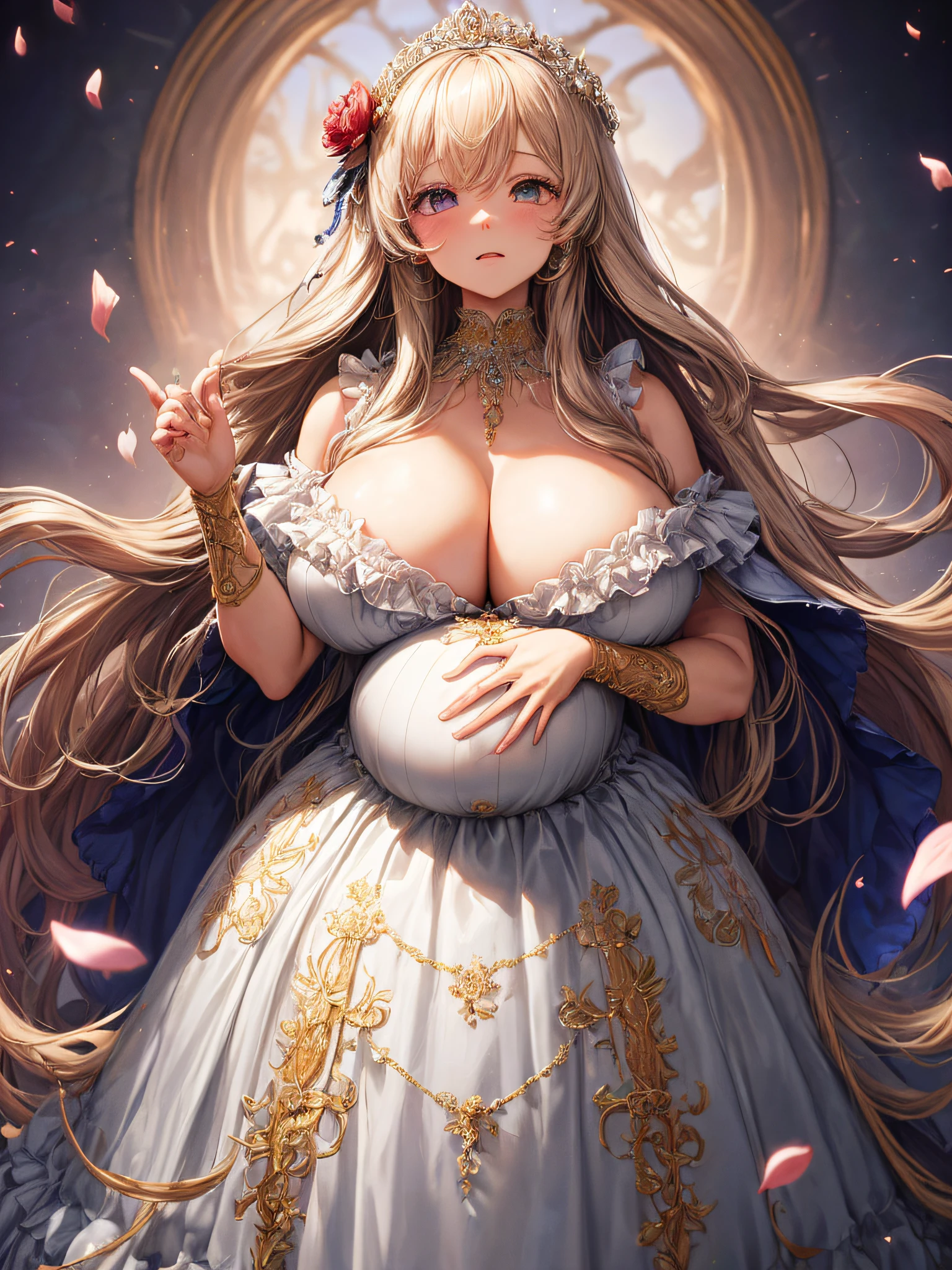 (masterpiece, best quality,extremely detailed:1.1),(moe anime art style:1.2),1girl,((full body,focus face)),((solo)), cute, kawaii,digital art,((1 bling-bling pregnant princess wearing beautiful embroidery and jeweled gorgeous rococo ballgown with jeweled voluminous full length hoop skirt)),(((heavily pregnant))),very big pregnant belly,((crinoline)),long train,voluminous frills,See-through,(gorgeous embroidery and beautiful lace),((very gigantic boobs,skindentation)),cleavage,shiny hair,(((very long straight hair,large amount of straight hair))),((embarrassed)),anguish,((finely detailed face and eyes)),clear pupil,extremely gorgeousfull hair ornament,(bling-bling jeweled extremely gorgeousfull tiara),(bling-bling gorgeous gemstone jewelry),long veil,beautiful background,fantasy background,flowers,flower petals flowing,full body,((beautiful embroidery and jeweled ruffled gorgeous rococo ballgown with voluminous full length hoop skirt))