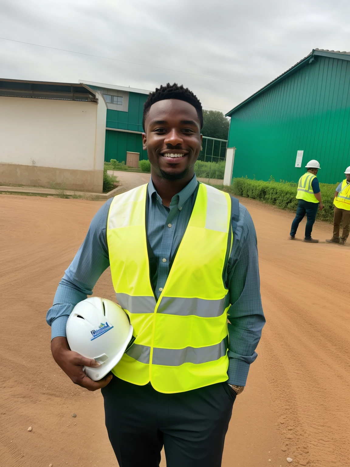 there is a man in a safety vest holding a white helmet, civil engineer, photo taken in 2 0 2 0, album photo, a handsome, with a brilliant, 2 0 2 2 photo, godwin akpan, discovered photo, wearing a round helmet, while smiling for a photograph, post graduate, photo taken in 2018, wise appearance, engineer