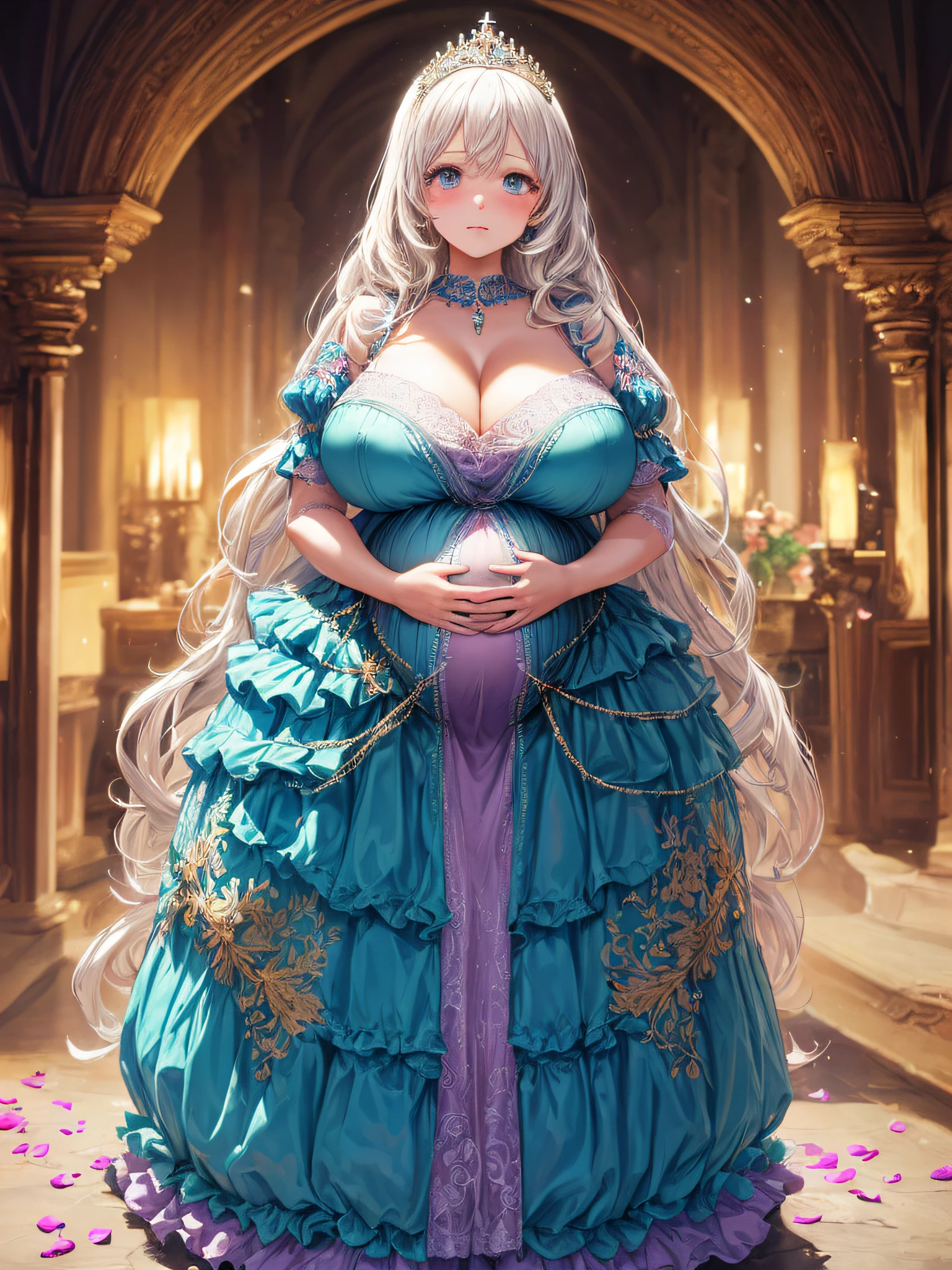 (masterpiece, best quality,extremely detailed:1.1),(moe anime art style:1.2),1girl,((full body,focus face)),((solo)), cute, kawaii,digital art,((1 bling-bling pregnant princess wearing beautiful embroidery and jeweled gorgeous rococo ballgown with jeweled voluminous full length hoop skirt)),(((heavily pregnant))),very big pregnant belly,((crinoline)),long train,voluminous frills,See-through,(gorgeous embroidery and beautiful lace),((very gigantic boobs,skindentation)),cleavage,shiny hair,(((very long straight hair,large amount of straight hair))),((embarrassed)),anguish,((finely detailed face and eyes)),clear pupil,extremely gorgeousfull hair ornament,(bling-bling jeweled extremely gorgeousfull tiara),(bling-bling gorgeous gemstone jewelry),long veil,beautiful background,fantasy background,flowers,flower petals flowing,full body,((beautiful embroidery and jeweled ruffled gorgeous rococo ballgown with voluminous full length hoop skirt))