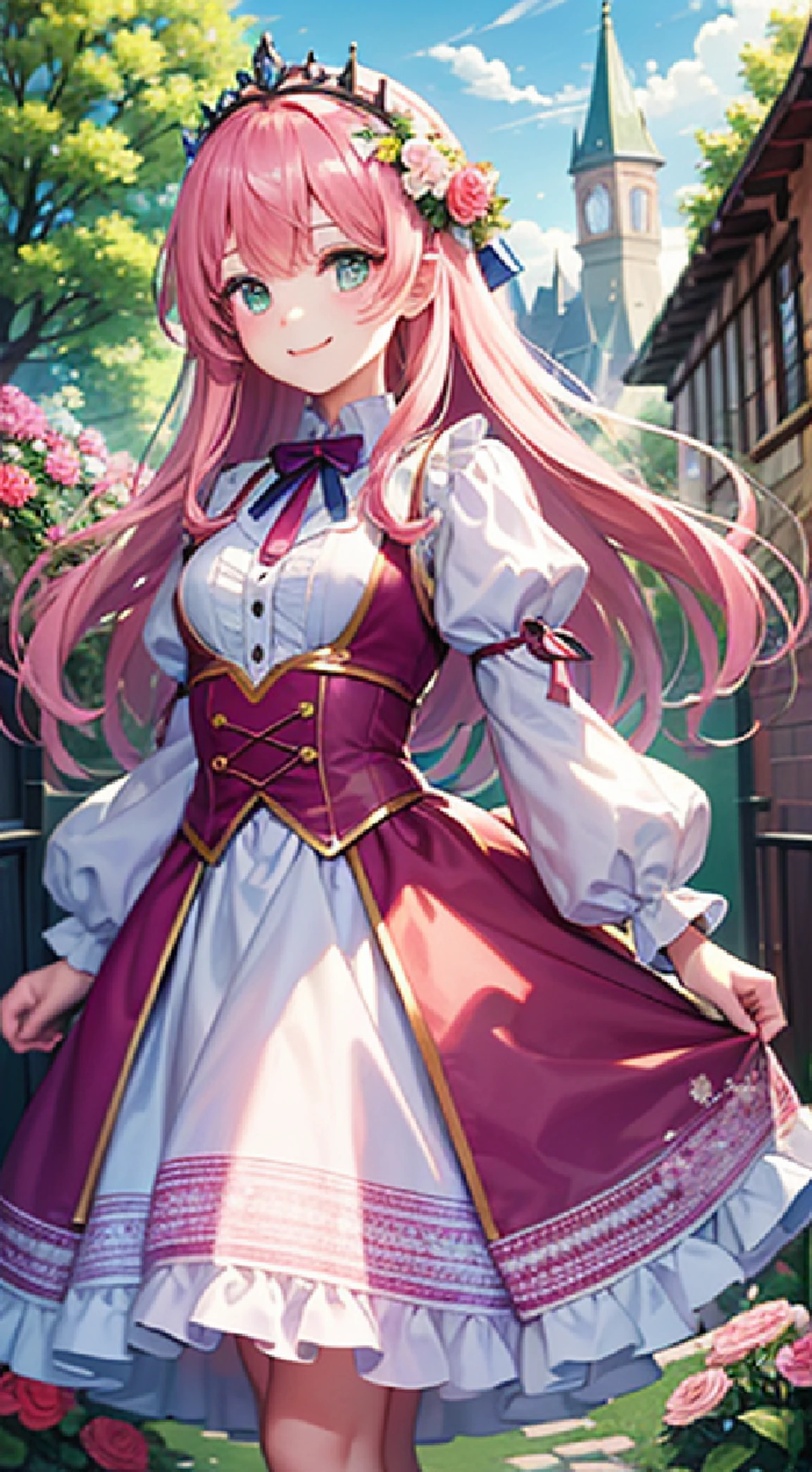 beautiful illustration、top-quality、, flower garden, castle in the distance, anime style, princess dress, warm light, blue sky, teenage body, small tits, small waist, stroll, beautiful garden、A pink-haired、length hair、pink skirt, white blouse、long sleeves、green eyess、lovely, glowing, high quality, long hair, cute, flowers, smiling, happy