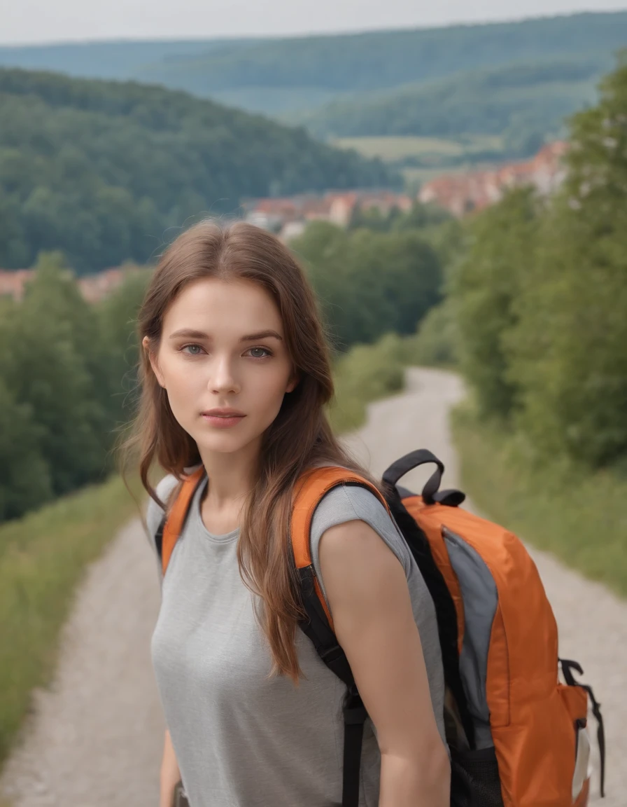 (Beautiful skyline, Herrlicher Himmel), (Dramatische und dramatische Grafiken, Bewegte Visuals), (Hanging North Star, colorful natural light), (an 18-year-old wonder beautiful girl, C-bust, lange braune Haare), (gutes Outfit, mit Rucksack), (Kanadischer orangefarbener Ahornblatt-Berghintergrund)),upper body