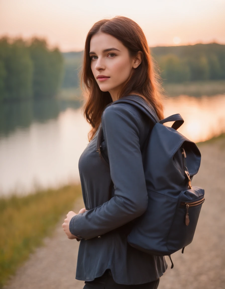 (Beautiful skyline, Herrlicher Himmel), (Dramatische und dramatische Grafiken, Bewegte Visuals), (Hanging North Star, colorful natural light), (an 18-year-old wonder beautiful girl, C-bust, lange braune Haare), (gutes Outfit, mit Rucksack), (Kanadischer orangefarbener Ahornblatt-Berghintergrund)),upper body