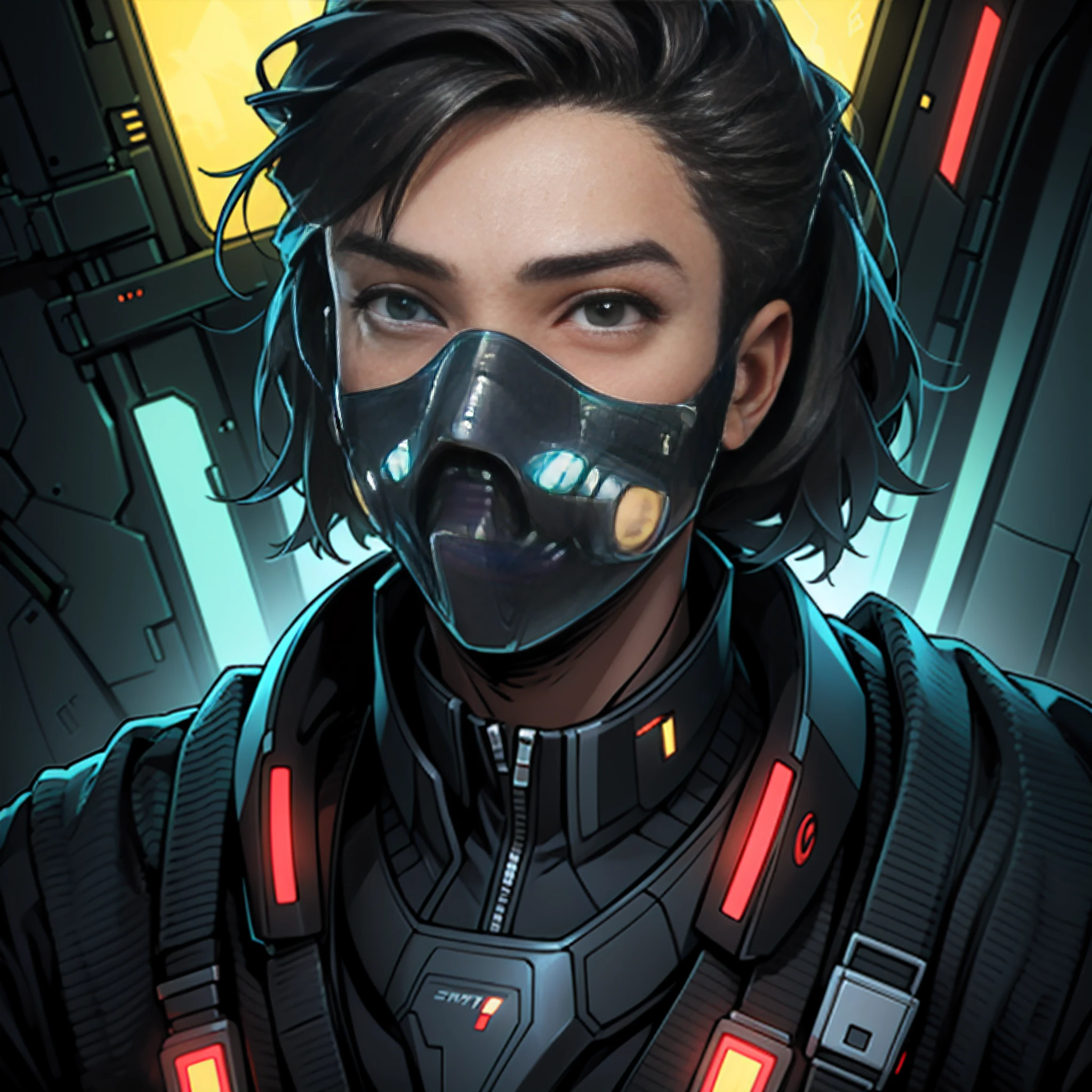 masterpiece, best quality, realistic, ultra detailed, sfw, head shot, a portrait of a young man, star sector, sci-fi style suits, hight-tech gadgets, head facing front,face mask, cyberpunk style --auto