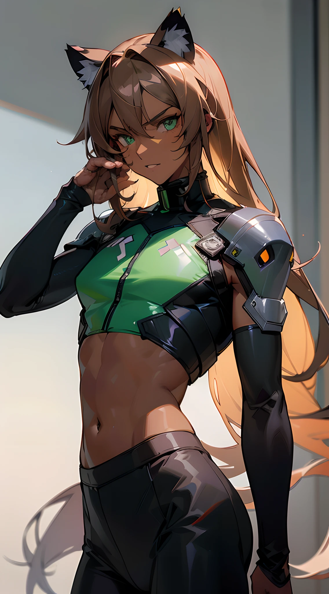 (masterpiece, best quality:1.3),beautiful detailed glow,best illuminate,(((best quality,textile shading,ultra detailed))),extremely detailed CG unity 8k wallpaper,Highly Detailed beautiful and aesthetic,best light,high resolution,detailed,dynamic lighting , mix of sword art online and futuristic style clothes , ((Beautiful man:1)) , ((Dark skin:1.5)) , (( Extremely long hair)) , Brown hair , ((male:1.4)) , full lips , Green eyes , ((has black Tiger ears:1)) , ((Crop top:1)) , ((Skinny build)) age 32