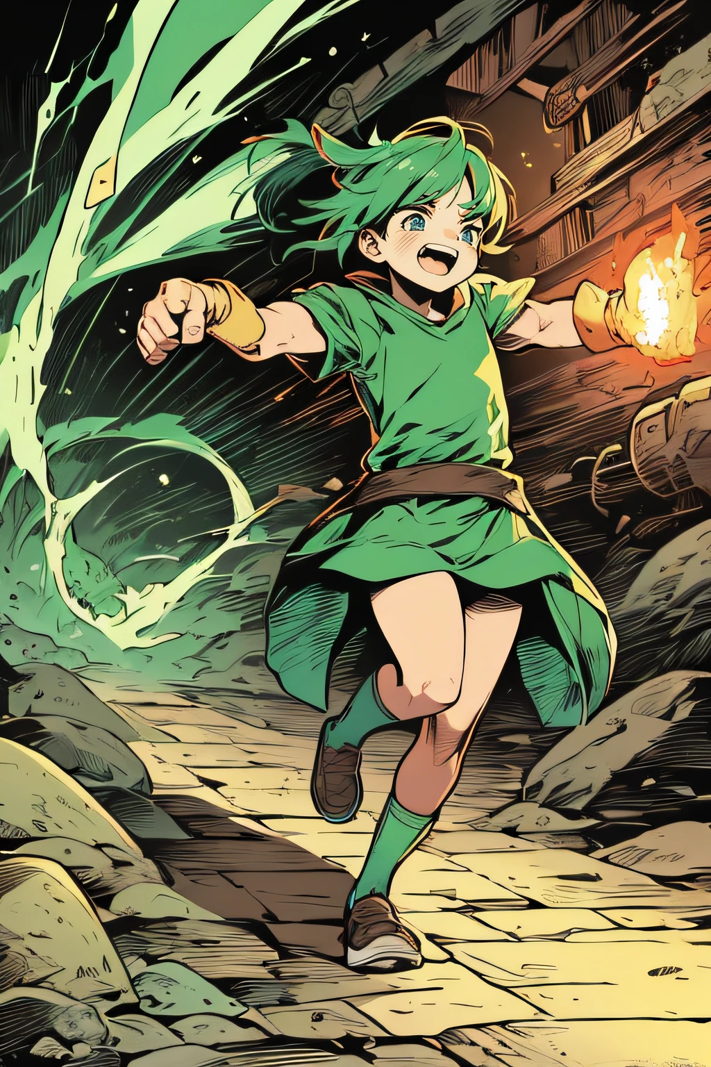 Little bandit girl running through hell、Green costume、Green Flame