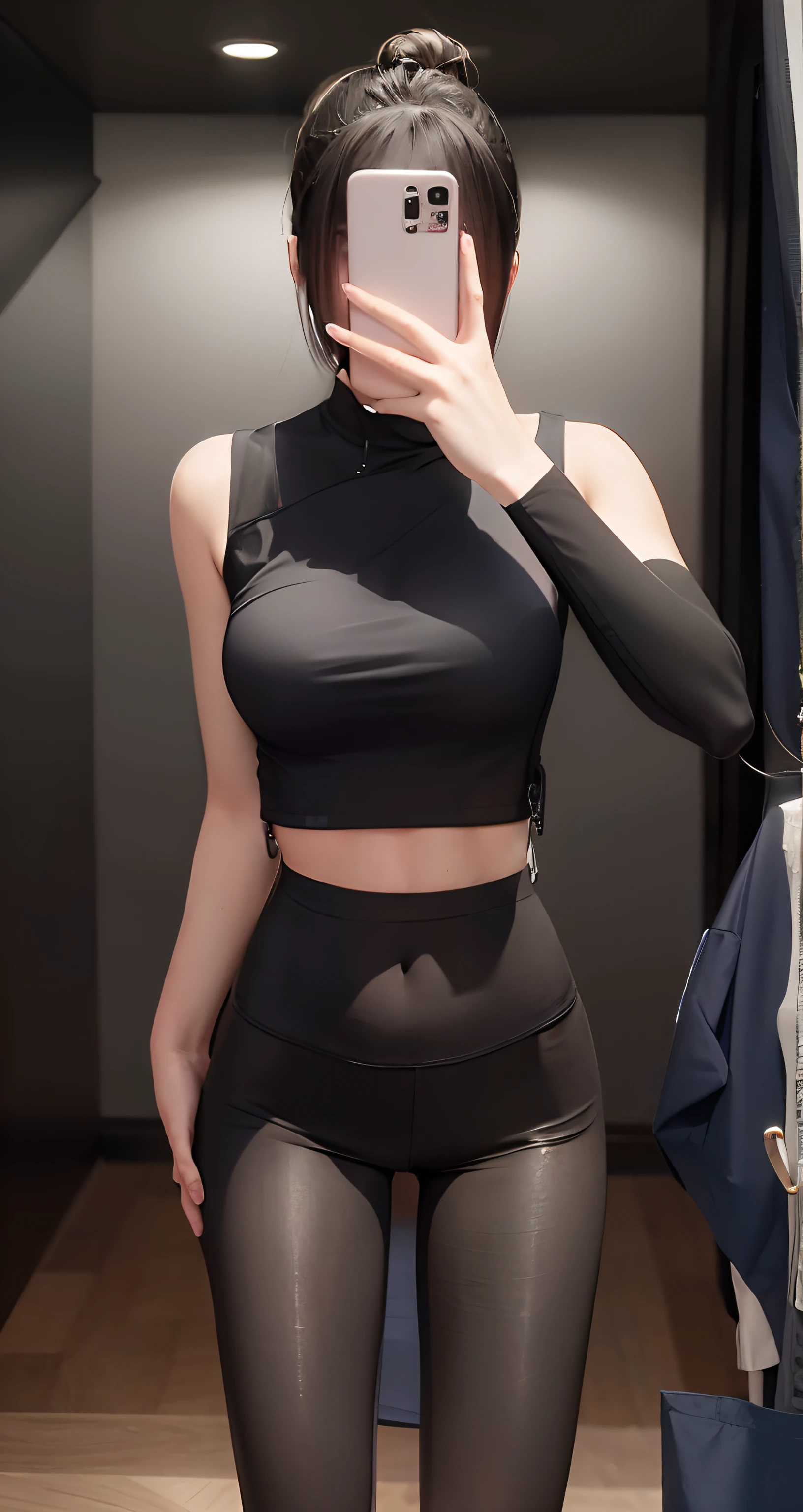 There is a woman taking a selfie wearing leggings, wearing tight simple clothes, wearing sexy cropped top, Wearing a vest, Wearing a vest, wearing a crop top, Wearing a vest, wearing a cute top, Crop top, wearing tight shirt, fit dainty figure, with ripped crop t - shirt, thicc, tight costume, wearing a cropped top