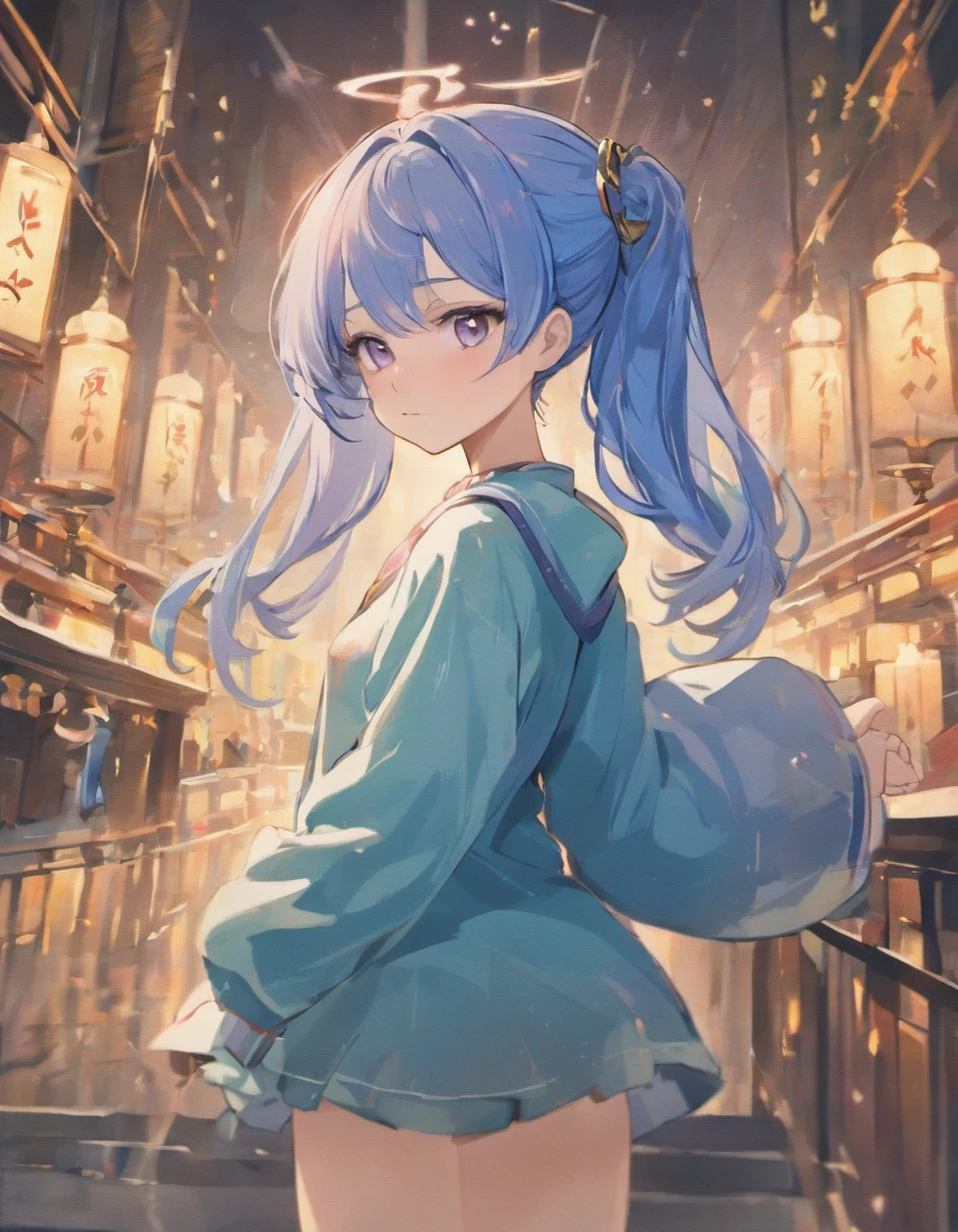 (anime style) (4k, UHD), (Ultra Quality), High Resolution, HD, High Detail, Smooth Focus, anime girl with pale skin and dark blue hair and sliver highlights, with light blue eyes, blue highlights, cyan eyes, wearing sliver heels, light purple, long sleeve, soft smile, half messy hair bun, in the dream realm, by WLOP, lariennechan