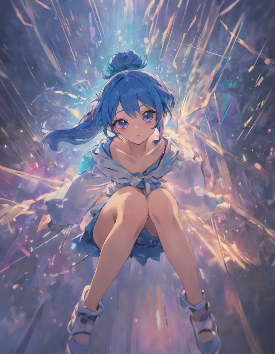 (anime style) (4k, UHD), (Ultra Quality), High Resolution, HD, High Detail, Smooth Focus,  anime girl with pale skin and dark blue hair and sliver highlights, with light blue eyes, blue highlights, cyan eyes, wearing sliver heels, light purple, long sleeve, soft smile, half messy hair bun, in the dream realm, by WLOP, lariennechan