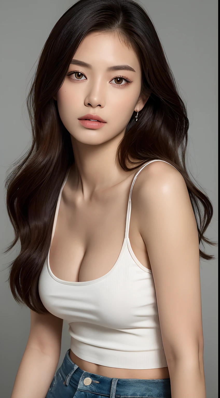 (Lifelike, A high resolution:1.3), 1 girl with a perfect body, Super fine face and eyes,long whitr hair, Tank top of random colors:1.2, short jeans pants, Bigboobs,Expose cleavage