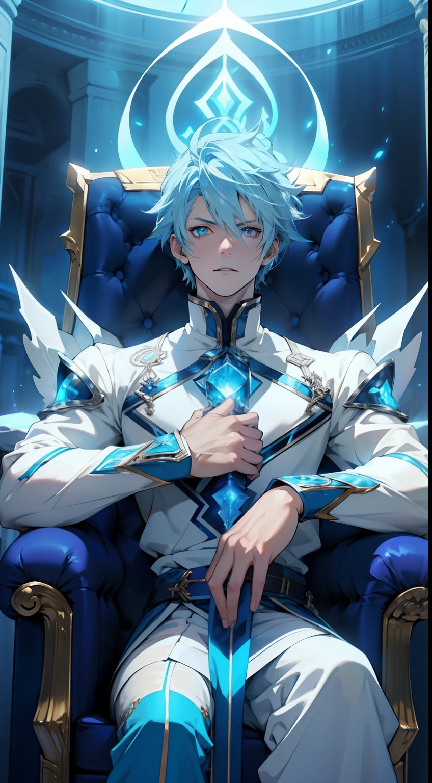 Pale man, glowing blue eyes, powerful, pale blue hair, male, anime style, 4k image, looking up, epic, cinematic, hot, close up, cloud dreamy throne room background , wearing shiny glowing academia outfit, insanely detailed, cool details