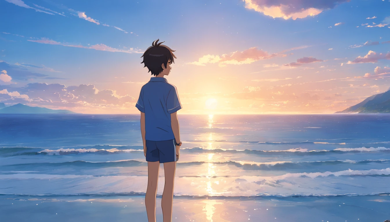 16-year-old boy looking at the ocean, Traje de gato, foco nítido, Expresion calmada, ojos detallados, swimming suit, Playa desierta a la orilla del mar. Clima lluvioso