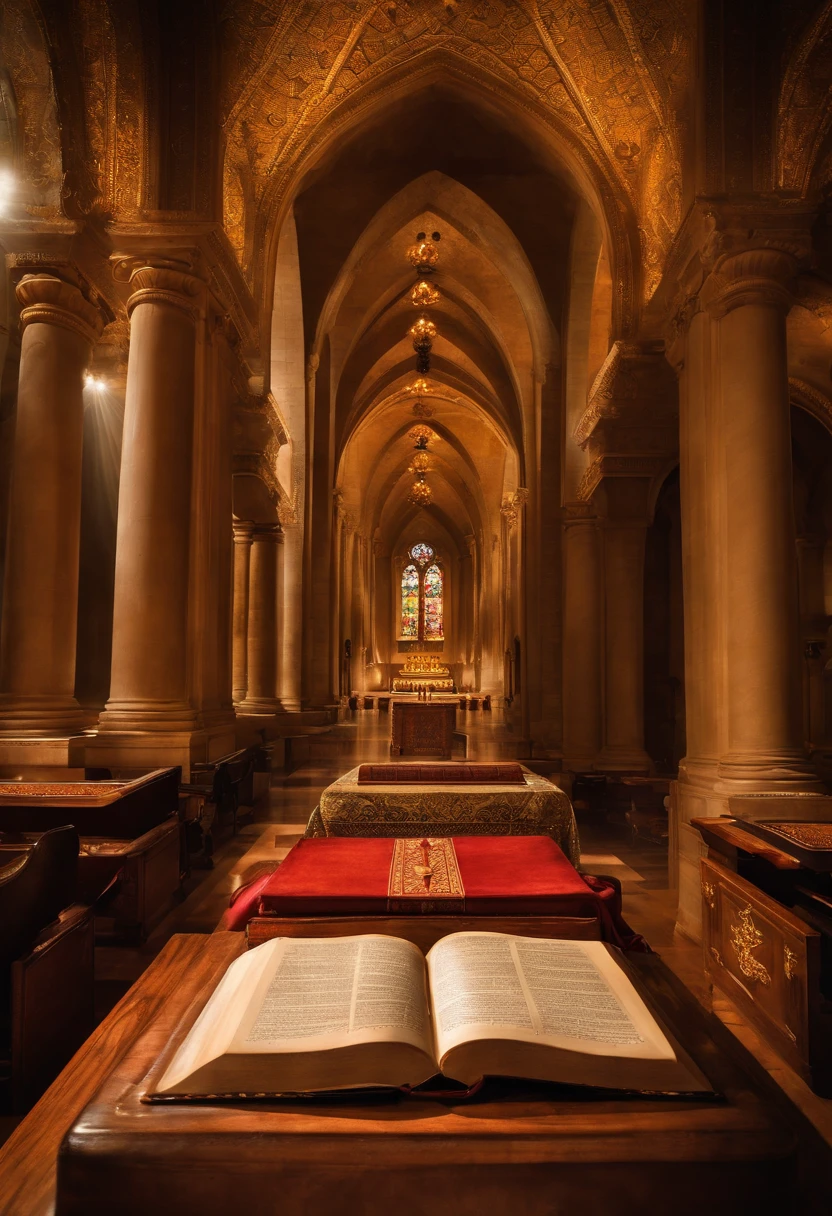 "Por favor, create a high-definition image of the Holy Bible that captures the reverence and spiritual significance of this holy book. The image should convey the historical and religious importance of the Bible, apresentando-a de forma digna e respeitosa. Use soft lighting to highlight cover and page details, enfatizando sua textura e envelhecimento, if applicable. Position the Bible in an environment that evokes a sacred environment, como uma prateleira de madeira em uma biblioteca antiga ou um altar iluminado. As cores devem ser sutis e a tipografia, Apresente-se, deve ser elegante e discreta. The image should inspire a sense of reverence and spiritual connection to the words and teachings contained in the Holy Bible."