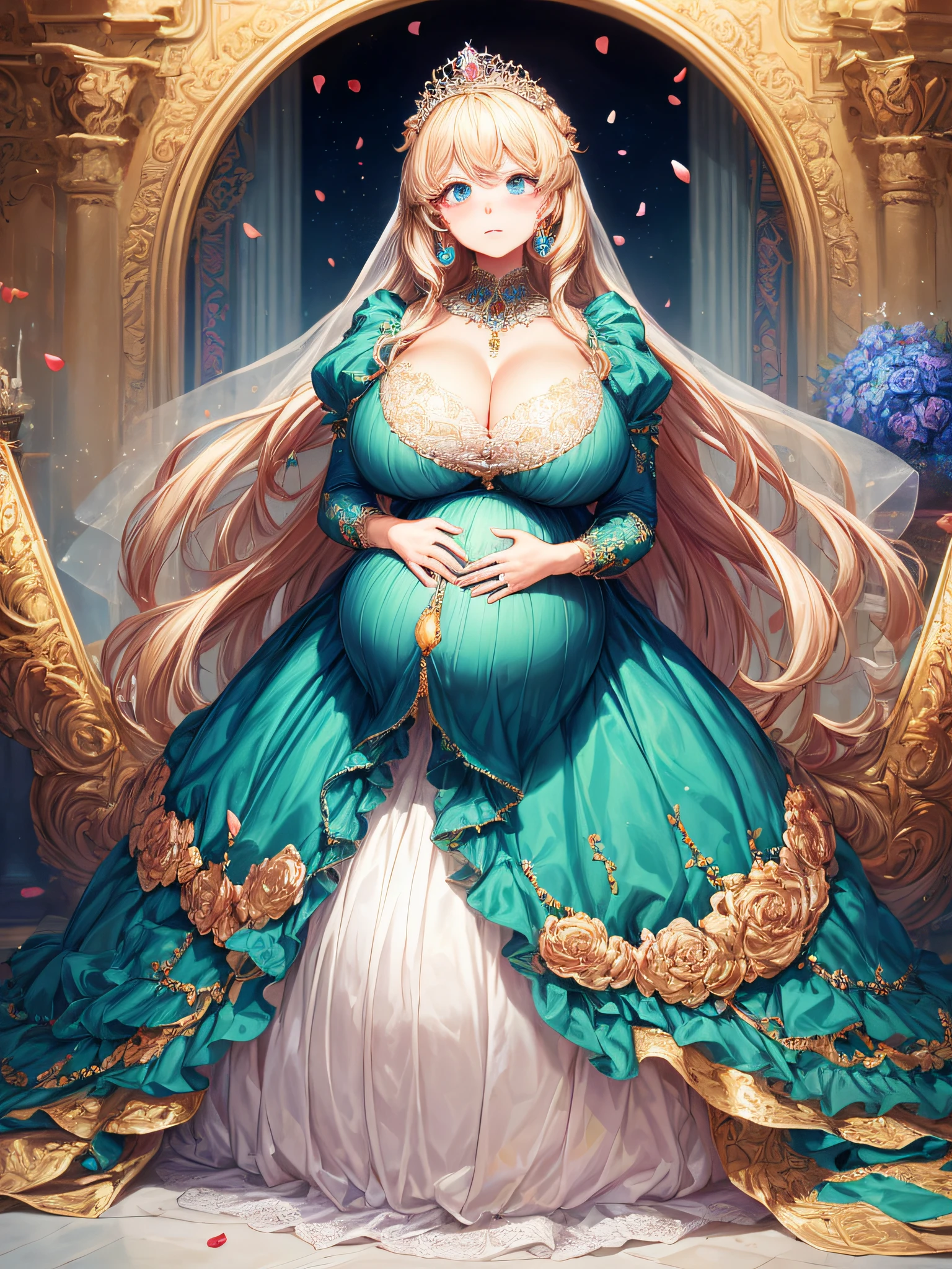 (masterpiece, best quality,extremely detailed:1.1),(moe anime art style:1.2),1girl,((full body,focus face)),((solo)), cute, kawaii,digital art,((1 bling-bling pregnant princess wearing beautiful embroidery and jeweled gorgeous rococo ballgown with jeweled voluminous full length hoop skirt)),(((heavily pregnant))),very big pregnant belly,((crinoline)),long train,voluminous frills,See-through,(gorgeous embroidery and beautiful lace),((very gigantic boobs,skindentation)),cleavage,shiny hair,(((very long straight hair,large amount of straight hair))),((embarrassed)),anguish,((finely detailed face and eyes)),clear pupil,extremely gorgeousfull hair ornament,(bling-bling jeweled extremely gorgeousfull tiara),(bling-bling gorgeous gemstone jewelry),long veil,beautiful background,fantasy background,flowers,flower petals flowing,full body,((beautiful embroidery and jeweled ruffled gorgeous rococo ballgown with voluminous full length hoop skirt))