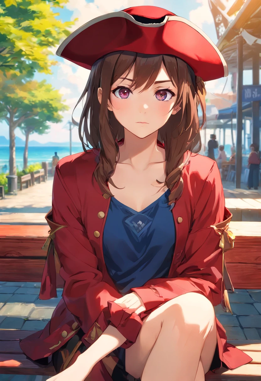 sad woman in a (red pirate hat:1.2) sitting on a bench, gazing at the blue sky, (beautiful detailed eyes, beautiful detailed lips), (medium:1.2) [illustration,photorealistic:1.37], (best quality,4k,8k,highres,masterpiece:1.2), ultra-detailed, (vivid colors, sharp focus), (studio lighting), (bokeh)