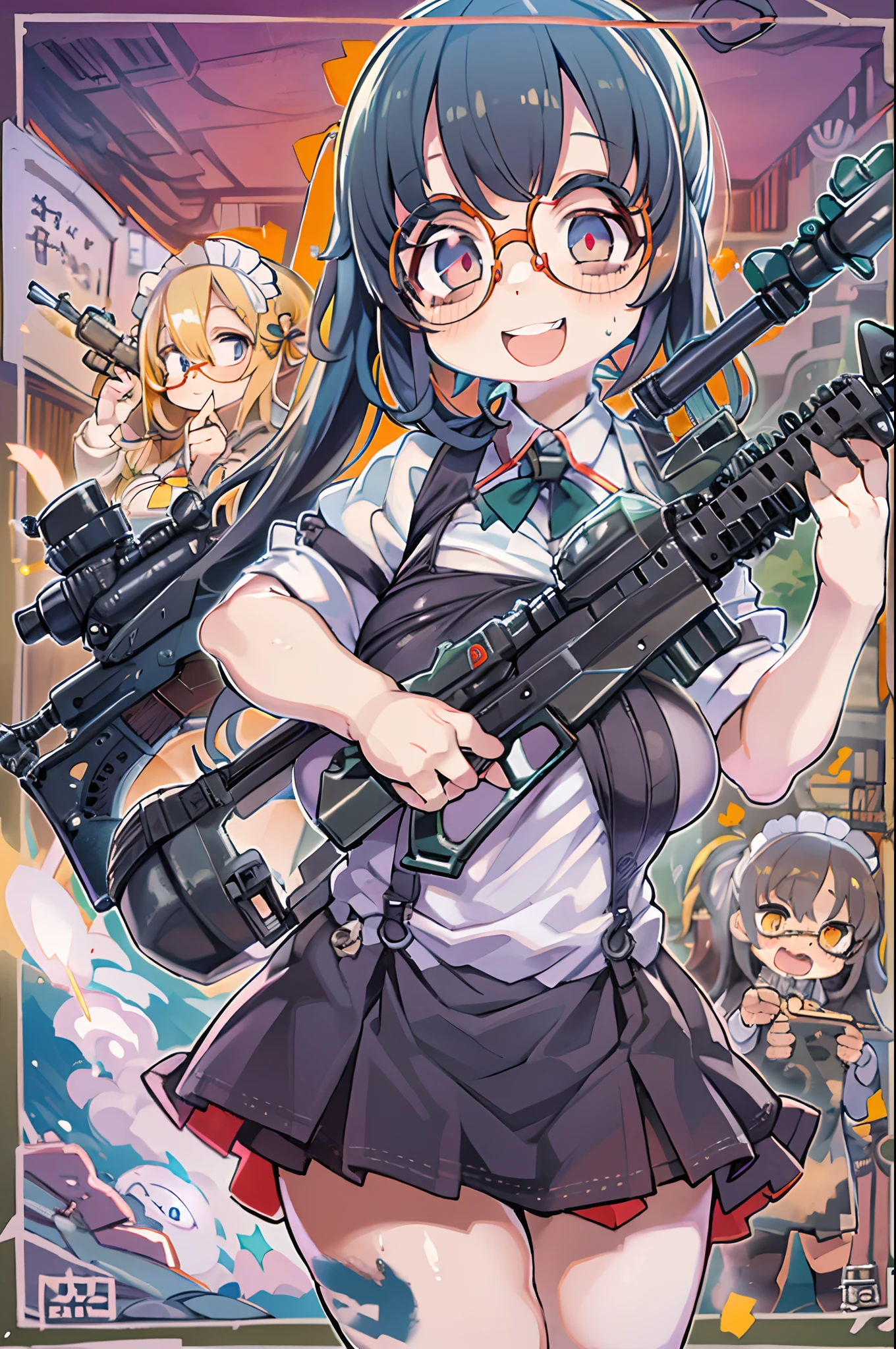 masutepiece, Best Quality, 1girl in, Empty eyes, Utsurome, maid, Smile,a  girl,Lori,(((Huge assault rifle))),rocket launcher、Multiple girls、big round glasses、