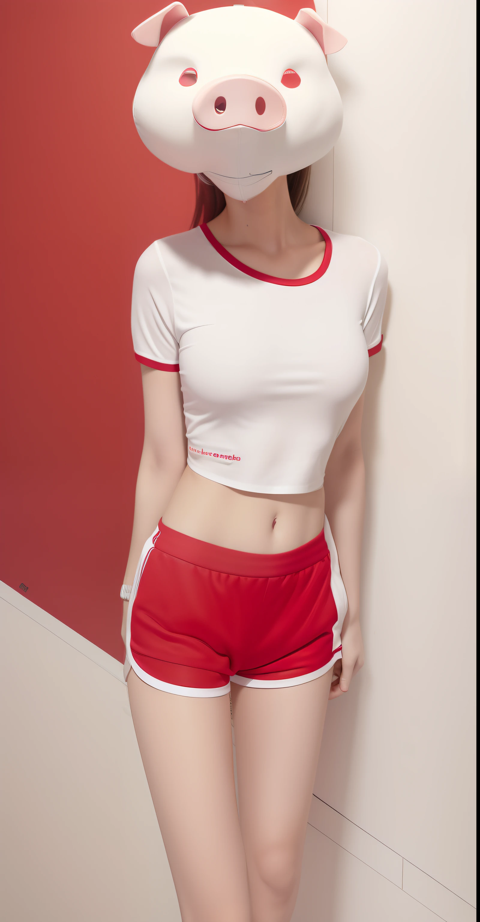 Wear a white shirt and red shorts，Arad woman with a pig mask on her head, white red, with ripped crop t - shirt, crop top and shorts, wearing tight simple clothes, wearing sexy cropped top, cute sportswear, smooth white tight clothes suit, 2 4 year old female model, whitet-shirt，Red sleeves, photo of slim girl model