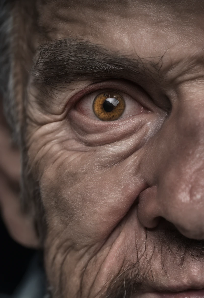Um retrato de um velho mago, barbudo, enrugado, envelhecido, com olhos penetrantes, rosto detalhado, detalhes altos, olhando para o espectador, fotografia, studio dark, luz de aro, Nikon D850, 50mm, f/1.4 em 8k