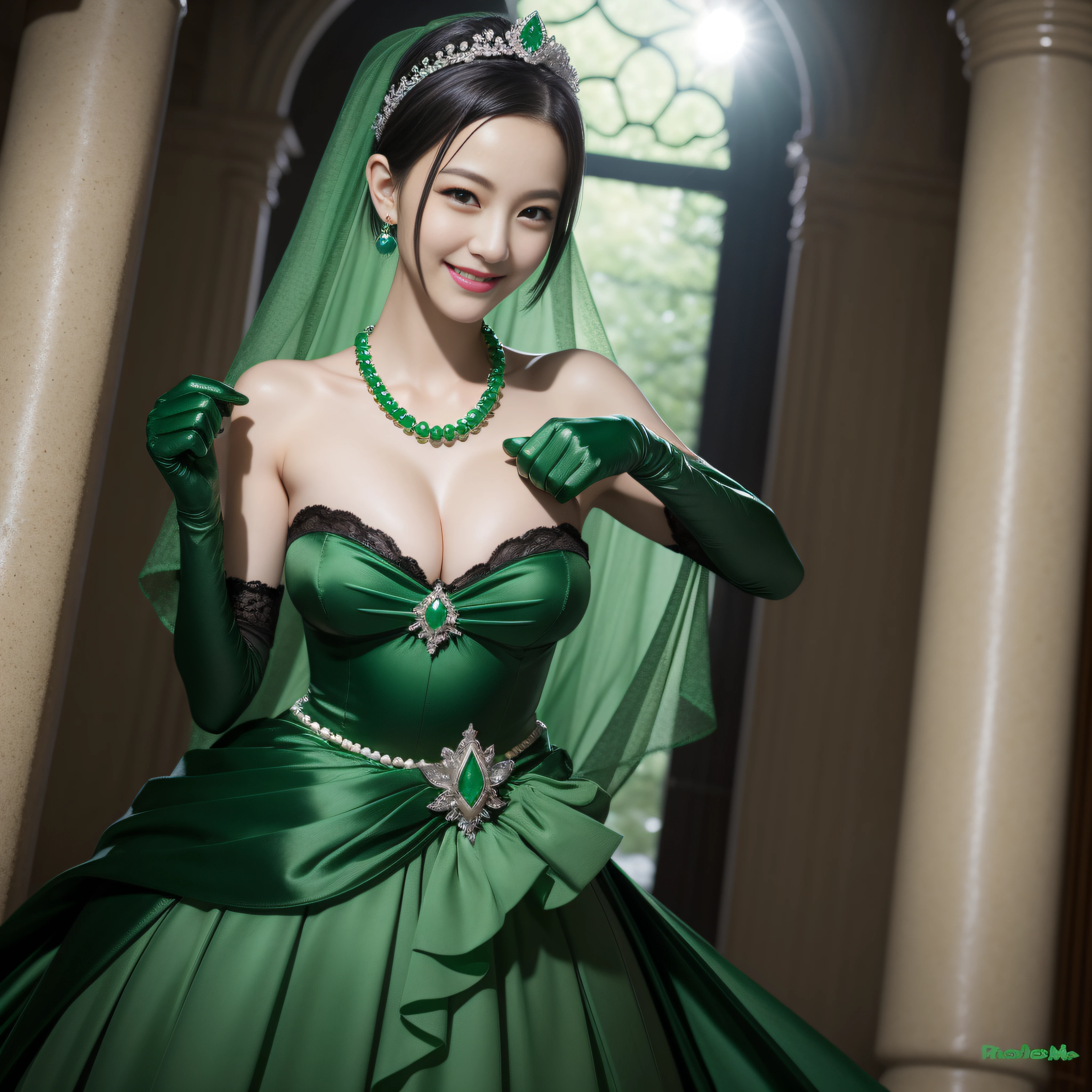 emerald tiara, Green Pearl Necklace, Boyish very short black hair, lipsticks, Japan woman smiling, Long green gloves made of satin material, very short short hair, fist, big breasts beautiful, Pregnant Woman