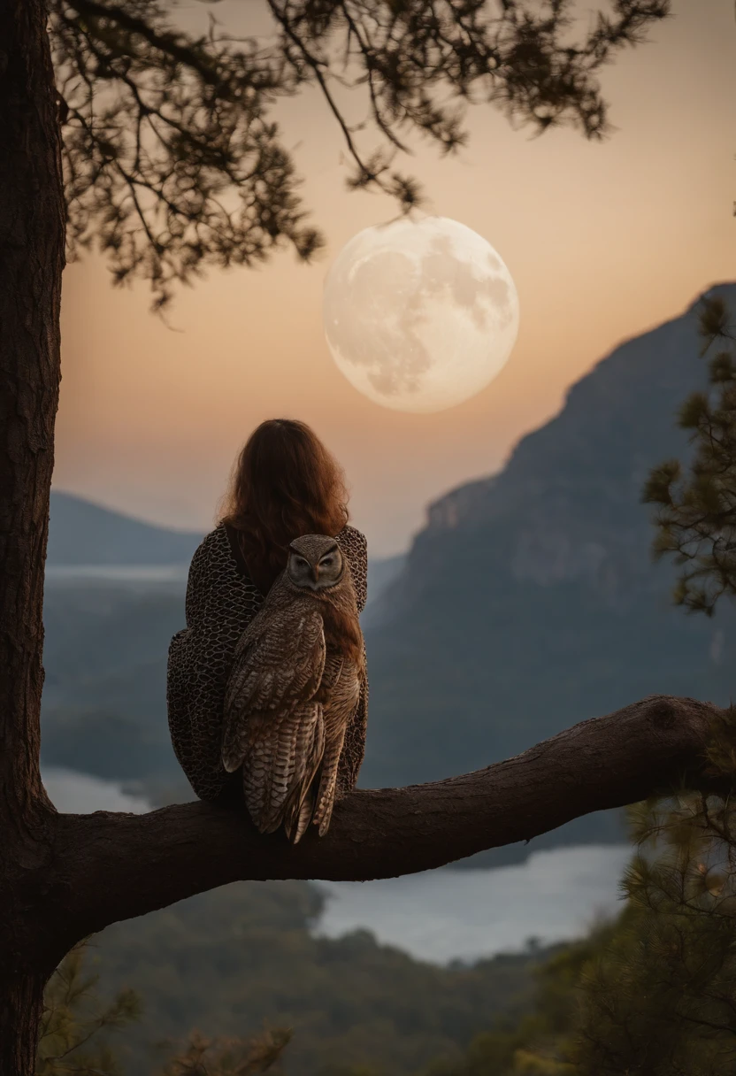 Make a picture of a woman looking 40 years old with a moon on her back an owl to obsever, um final de tarde, e duas torres uma a cada lado dela uma preta e uma branca e eela vestida com um manto azul, nos pes um lago negro e algumas montanhas atras
