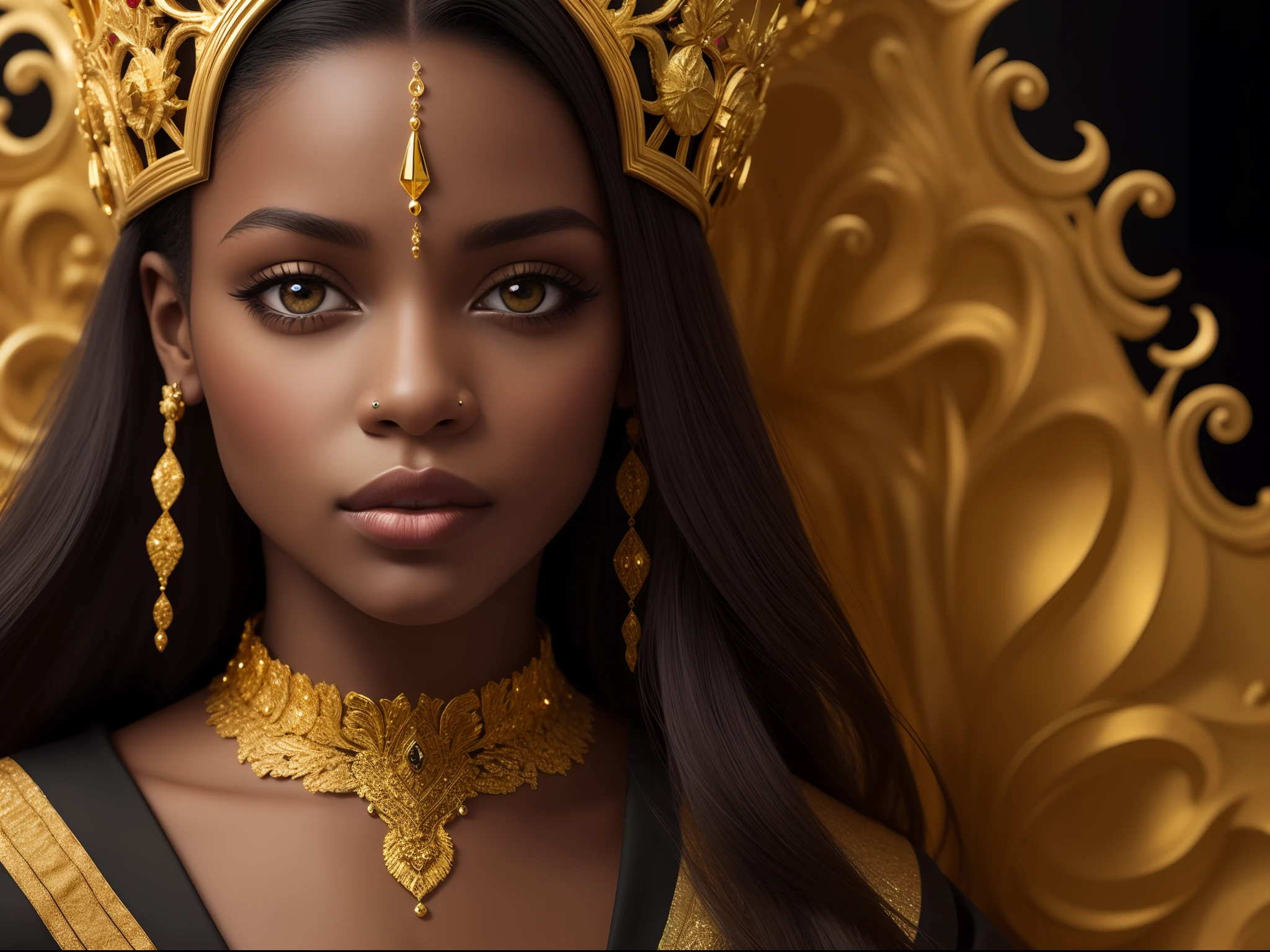 Black queen woman young face portrait, dark skin tone, with gold abstract big crown, gustav klimt, symmetry, black background, high detail, high contrast, golden ligth, hyper realistic, photograpic, vogue