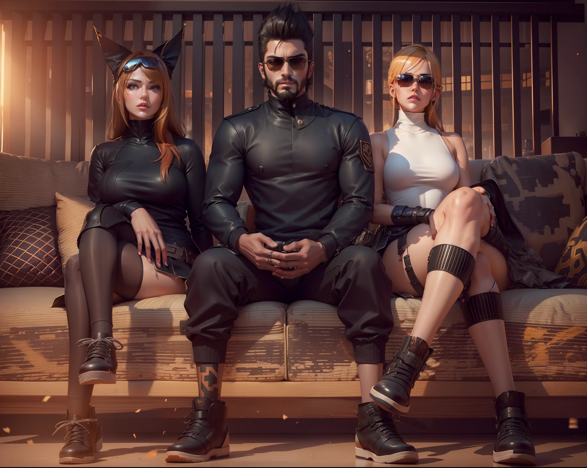 A free fire gaming character sitting on sofa, (freefire game character), hd ultra attitude pose free fire male character with two beautiful and hot girl with a sunglasses full dress hd ultra