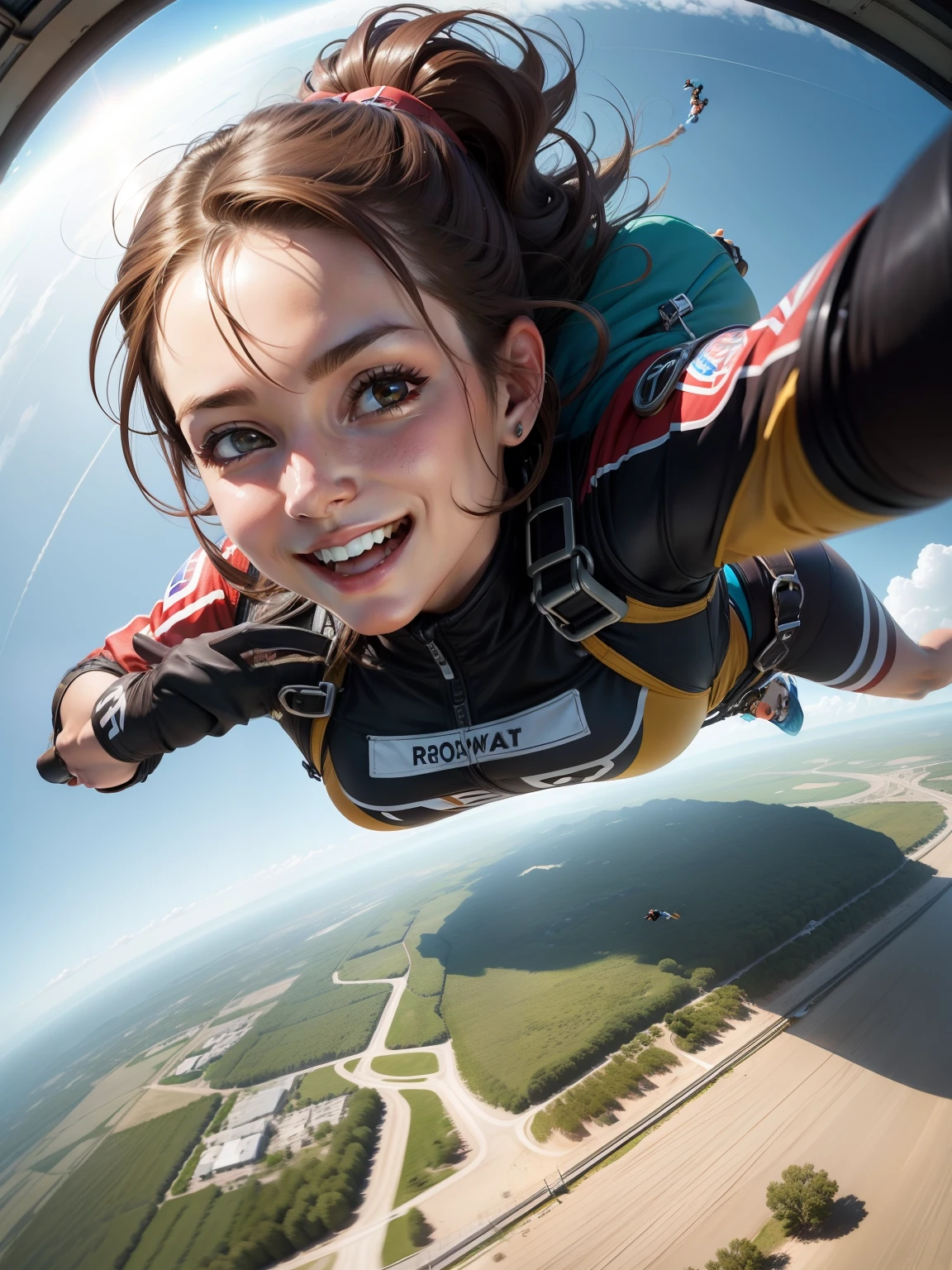 Selfie Photograph, action pose, a woman skydiving. brown hair, smile, speed, volition