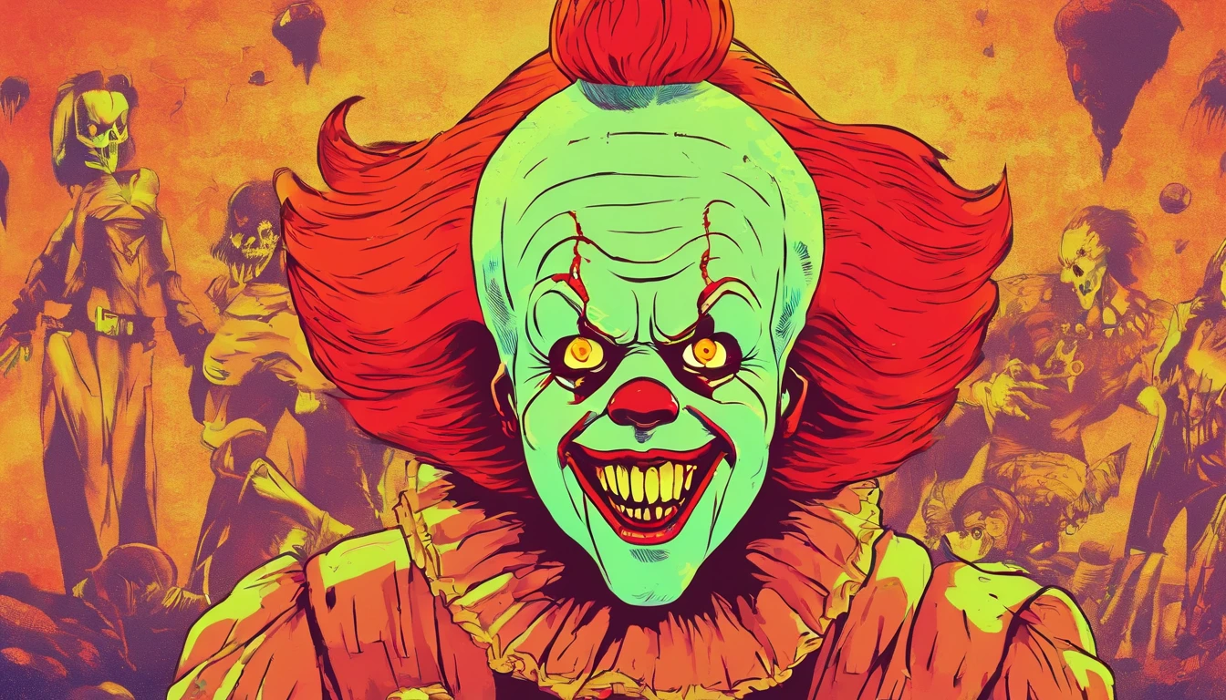 Pennywise Secret Laburatory, efeito vhs, capa de revista, terror, horror movie poster, horror, assustador, detalhes escuros, hiperdetalhado, blood tracing, Subsurface dispersion, heavy lighting for the dark, raso profundidade de campo, jorrando sangue, noite, trevas, darkeness, assassino, risada, dentes longos, big hand, jogando dado, rpg, rpg de mesa, jogando dados na mesa, mesa com dados, livro, dados sendo jogados, D20, dado de 20 lados, Children in the background, medo, children with fear, narrando jogo, narrando rpg, jogando dados de rpg, mestrando rpg, rpg de mesa, children with fear, children listening in fear, pennywise rindo, dados de 6 lados, children with data, normal children, frightened children, ??? running from Pennywise, pennywise rindo assustador
