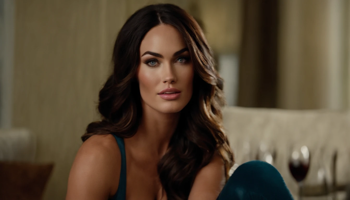mulher com regata , com olhos azuis, Retrato de Megan Fox, cabelos pretos e olhos grandes, uma jovem mulher, maquiagem natural, Rosto com Artgram, Maquiagem, de corpo inteiro, no quarto, no bar e no clube