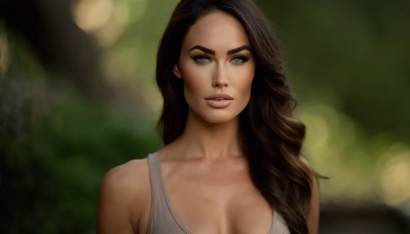 mulher com regata , menina sexy com olhos azuis, Retrato de Megan Fox, cabelos pretos e olhos grandes, uma jovem mulher, maquiagem natural, Rosto com Artgram, Maquiagem, de corpo inteiro, no quarto, no bar e no clube