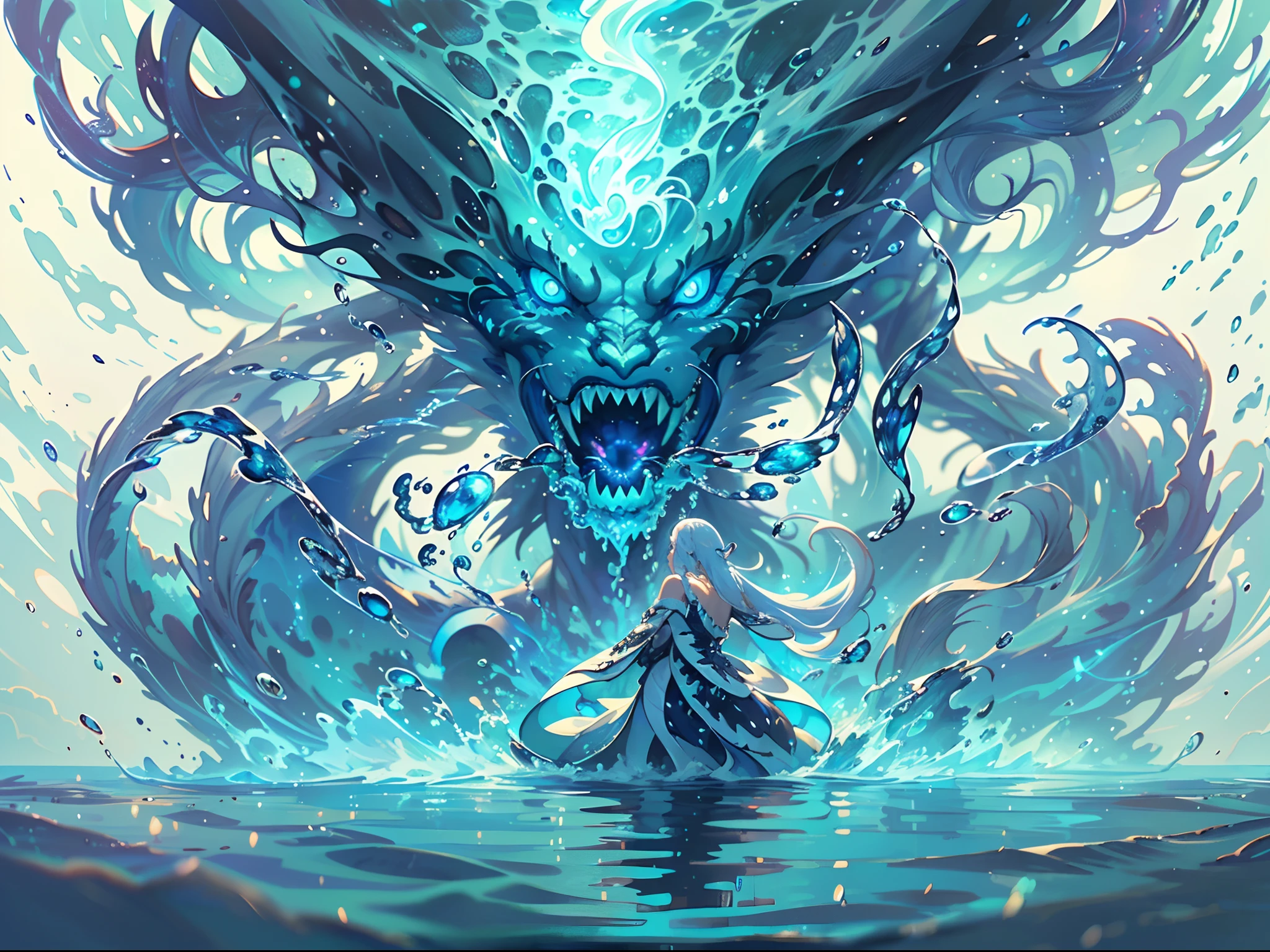 ((Best quality, 8K, Masterpiece: 1.4)),((Amazing detail: 1.3)),((illustration: 1.2)),((high resolution: 1.1)),Eldritch,water elemental, water demon, luminous water elemental,White background,astral