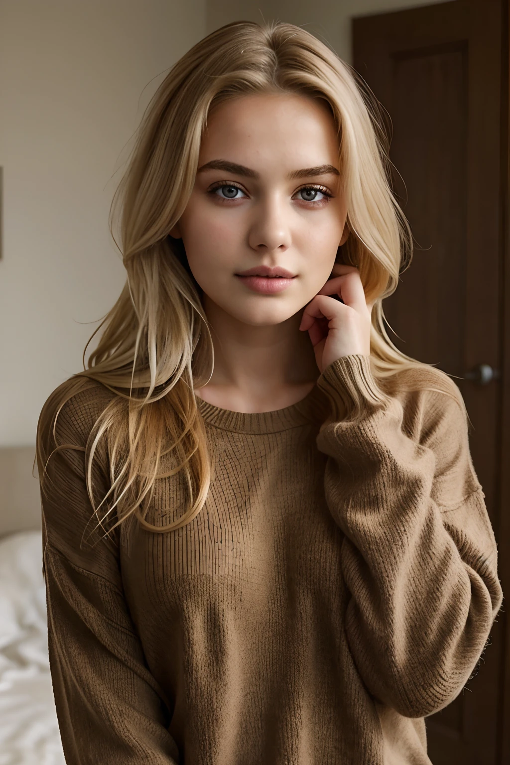 1Girl 18 years old, nur, Lange Haare, small boobs, Blick auf den Betrachter, blondes Haar, nackte Schultern, braune Augen, Schmuck, full entire body, Halskette, schulterfrei, Pullover, Lippen, realistisch, Nase, Flirten mit der Kamera