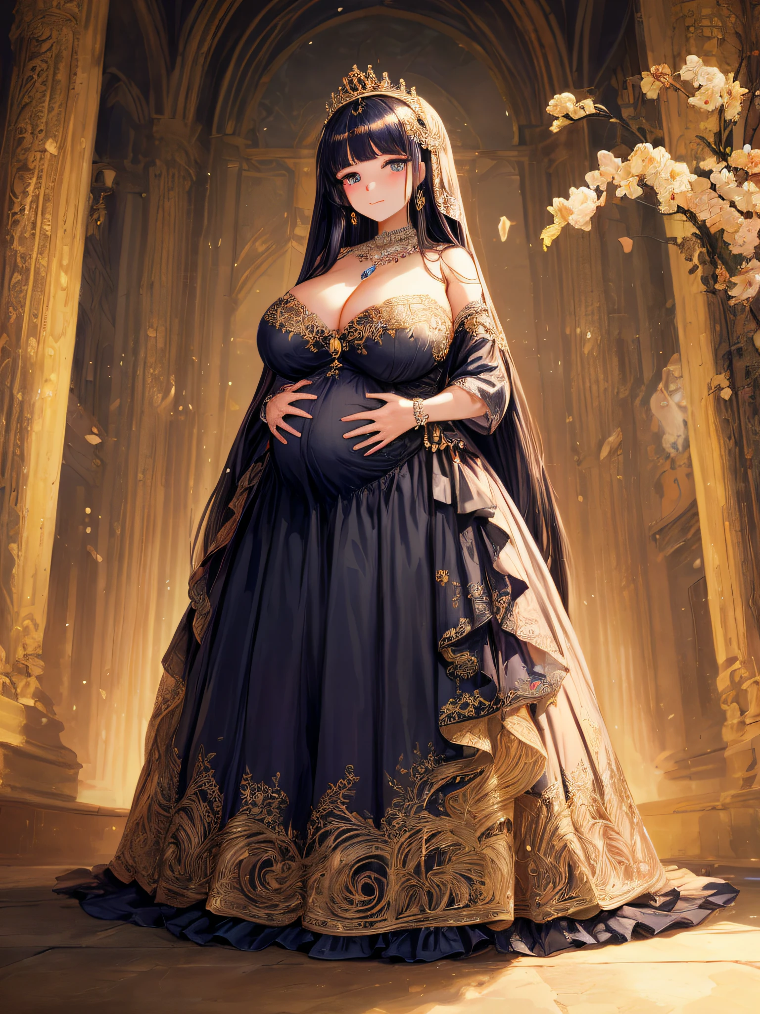 (masterpiece, best quality,extremely detailed:1.1),(moe anime art style:1.2),1girl,((full body,focus face)),((solo)), cute, kawaii,digital art,((1 bling-bling pregnant princess wearing beautiful embroidery and jeweled gorgeous rococo ballgown with jeweled voluminous full length hoop skirt)),(((heavily pregnant))),very big pregnant belly,((crinoline)),long train,voluminous frills,See-through,(gorgeous embroidery and beautiful lace),((very gigantic boobs,skindentation)),cleavage,shiny hair,(((very long straight hair,large amount of straight hair))),((embarrassed)),anguish,((finely detailed face and eyes)),clear pupil,extremely gorgeousfull hair ornament,(bling-bling jeweled extremely gorgeousfull tiara),(bling-bling gorgeous gemstone jewelry),long veil,beautiful background,fantasy background,flowers,flower petals flowing,full body,((beautiful embroidery and jeweled ruffled gorgeous rococo ballgown with voluminous full length hoop skirt))