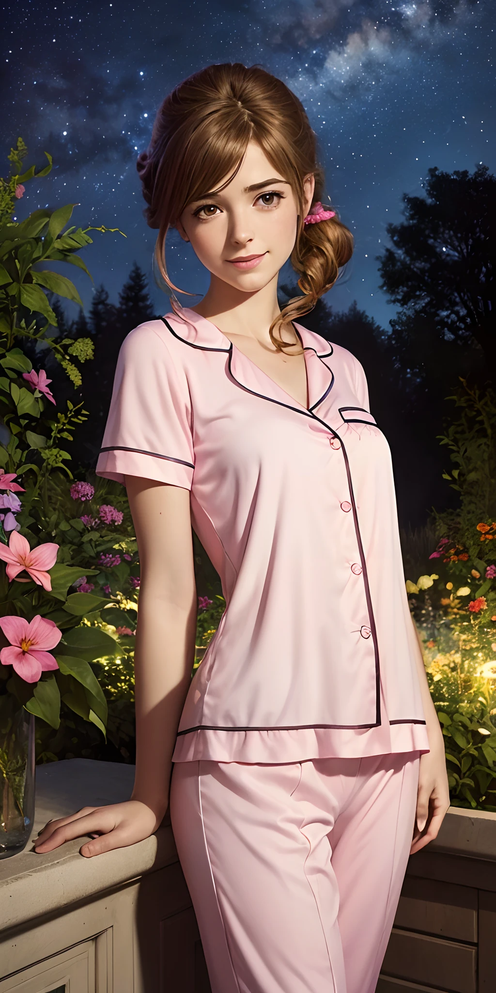 ((beste-Qualit)), ((tmasterpiece)), ((Realistic)), Ultra-detailed, young Alison Hannigan, ssmile , hairstyle, red tails;, wearing pink pajamas, in the garden, Starry Summer Night, (Illustration by Boris Vallejo), Extreme Detail - AP 1:2 —q 4 —s 750