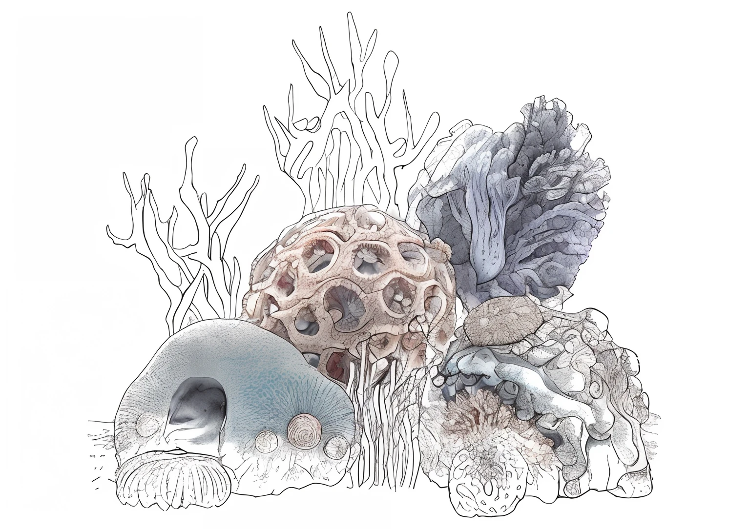 drawing of a group of sea life with a coral and a sea urchin, biomechanical corals, hyperdetailed illustration, highly detailed illustration, high detail illustration, detailed digital illustration, biological illustrations, hyper detailed illustration, corals, official illustration, high detailed illustration, scientific illustration, finely detailed illustration, haeckel, ultra detailed illustration