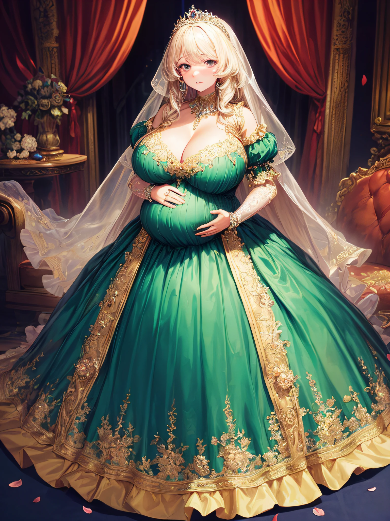 (masterpiece, best quality,extremely detailed:1.1),(moe anime art style:1.2),1girl,((full body,focus face)),((solo)), cute, kawaii,digital art,((1 bling-bling pregnant princess wearing beautiful embroidery and jeweled gorgeous rococo ballgown with jeweled voluminous full length hoop skirt)),(((heavily pregnant))),very big pregnant belly,((crinoline)),long train,voluminous frills,See-through,(gorgeous embroidery and beautiful lace),((very gigantic boobs,skindentation)),cleavage,shiny hair,(((very long straight hair,large amount of straight hair))),((embarrassed)),anguish,((finely detailed face and eyes)),clear pupil,extremely gorgeousfull hair ornament,(bling-bling jeweled extremely gorgeousfull tiara),(bling-bling gorgeous gemstone jewelry),long veil,beautiful background,fantasy background,flowers,flower petals flowing,full body,((beautiful embroidery and jeweled ruffled gorgeous rococo ballgown with voluminous full length hoop skirt))