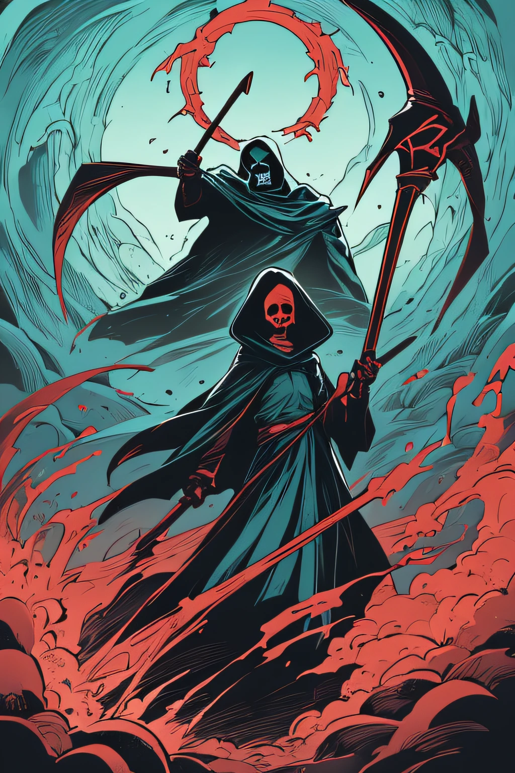 Grim Reaper with a Giant Scythe in Hell、Dark green costume、Light blue and red flame、Viola