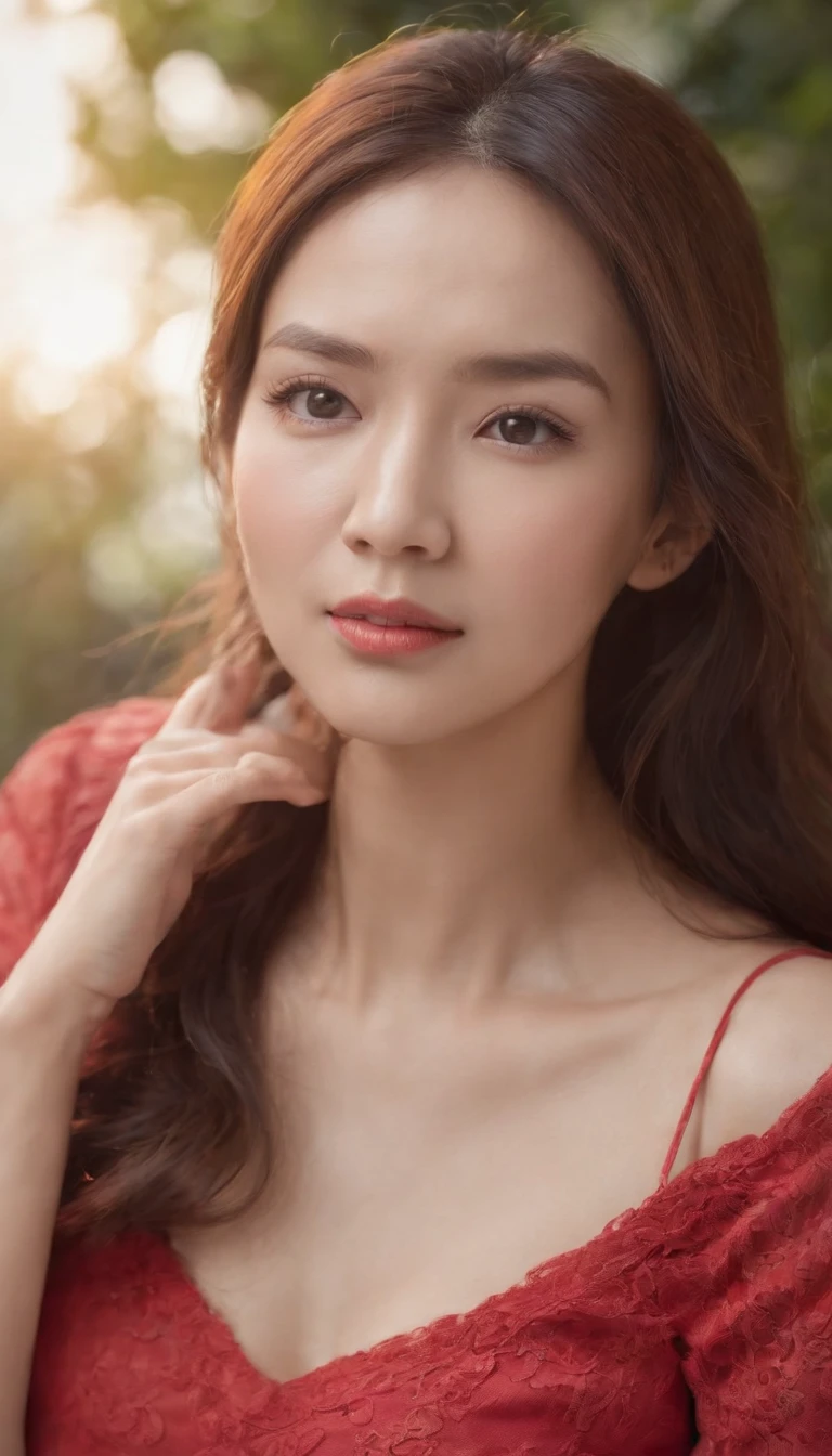 Close up portrait of woman in red shirt and necklace, 30 year-old woman, 3 0 years old woman, 38 years, south east asian with round face, Center Front Face, 3 2 years, 3 6 years old, Asian Face, 2 9 years old, face image, 2 8 years old, korean symmetrical face, Close-up photo of a woman, Screaming expression, Dramatic and stunning award-winning photos, Dramatic linear delicacy, Shot with Sony AIII high-resolution digital camera, super realistic skin, Large skin pores, Large nerves in the head, Realistic wrinkles, Hyper Contrast, Sweat dripping down your face, Raised spots on the skin, globalillumination, Very natural characteristics, Time Cover Photo, F/ 11 ::n_Style drawing, Low quality defects, doll, game, Anime