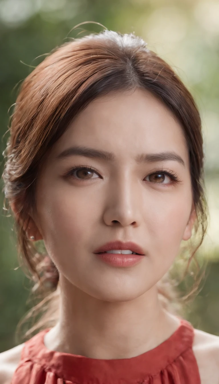 Close up portrait of woman in red shirt and necklace, 30 year-old woman, 3 0 years old woman, 38 years, south east asian with round face, Center Front Face, 3 2 years, 3 6 years old, Asian Face, 2 9 years old, face image, 2 8 years old, korean symmetrical face, Close-up photo of a woman, Screaming expression, Dramatic and stunning award-winning photos, Dramatic linear delicacy, Shot with Sony AIII high-resolution digital camera, super realistic skin, Large skin pores, Large nerves in the head, Realistic wrinkles, Hyper Contrast, Sweat dripping down your face, Raised spots on the skin, globalillumination, Very natural characteristics, Time Cover Photo, F/ 11 ::n_Style drawing, Low quality defects, doll, game, Anime