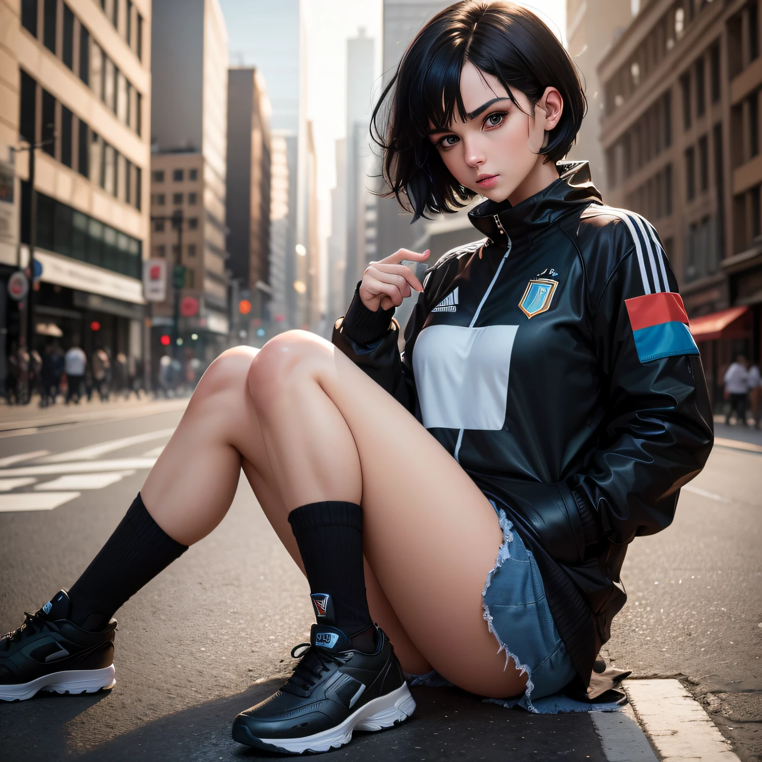 1 girl, short black hair, blue eyes, wearing bloke core style fashion clothes, city, absurdess, high res, ultrasharp, 8K, masterpiece, looking at viewer, soccer jersey from Argentina(jersey has 3 stars for the three world cups won), full body shot,