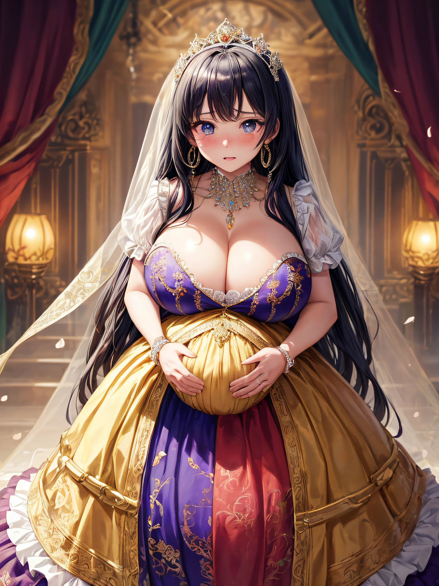 (masterpiece, best quality,extremely detailed:1.1),(moe anime art style:1.2),1girl,((full body,focus face)),((solo)), cute, kawaii,digital art,((1 bling-bling pregnant princess wearing beautiful embroidery and jeweled gorgeous rococo ballgown with jeweled voluminous full length hoop skirt)),(((heavily pregnant))),very big pregnant belly,((crinoline)),long train,voluminous frills,See-through,(gorgeous embroidery and beautiful lace),((very gigantic boobs,skindentation)),cleavage,shiny hair,(((very long straight hair,large amount of straight hair))),((embarrassed)),anguish,((finely detailed face and eyes)),clear pupil,extremely gorgeousfull hair ornament,(bling-bling jeweled extremely gorgeousfull tiara),(bling-bling gorgeous gemstone jewelry),long veil,beautiful background,fantasy background,flowers,flower petals flowing,full body,((beautiful embroidery and jeweled ruffled gorgeous rococo ballgown with voluminous full length hoop skirt))