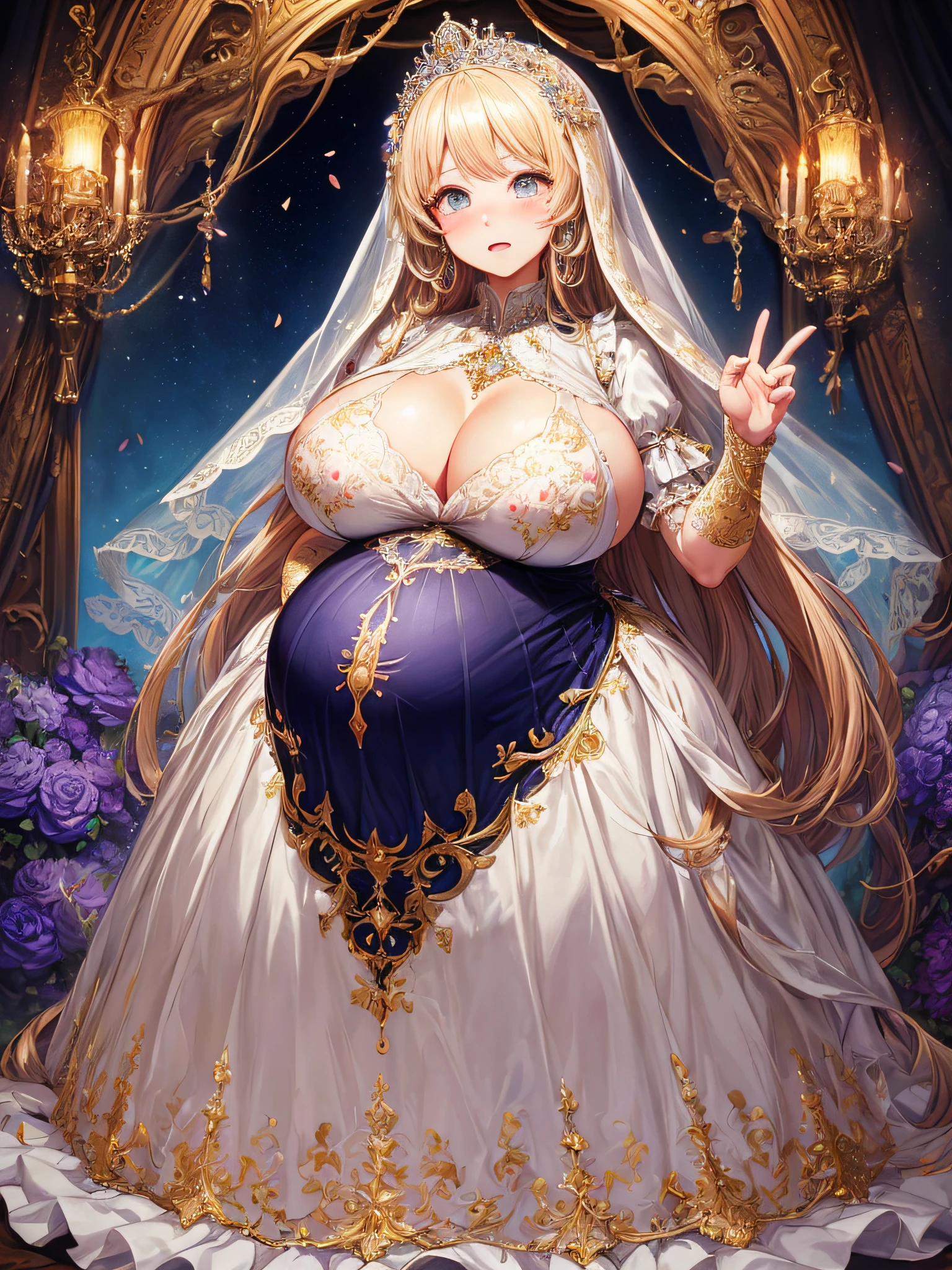 (masterpiece, best quality,extremely detailed:1.1),(moe anime art style:1.2),1girl,((full body,focus face)),((solo)), cute, kawaii,digital art,((1 bling-bling pregnant princess wearing beautiful embroidery and jeweled gorgeous rococo ballgown with jeweled voluminous full length hoop skirt)),(((heavily pregnant))),very big pregnant belly,((crinoline)),long train,voluminous frills,See-through,(gorgeous embroidery and beautiful lace),((very gigantic boobs,skindentation)),cleavage,shiny hair,(((very long straight hair,large amount of straight hair))),((embarrassed)),anguish,((finely detailed face and eyes)),clear pupil,extremely gorgeousfull hair ornament,(bling-bling jeweled extremely gorgeousfull tiara),(bling-bling gorgeous gemstone jewelry),long veil,beautiful background,fantasy background,flowers,flower petals flowing,full body,((beautiful embroidery and jeweled ruffled gorgeous rococo ballgown with voluminous full length hoop skirt))