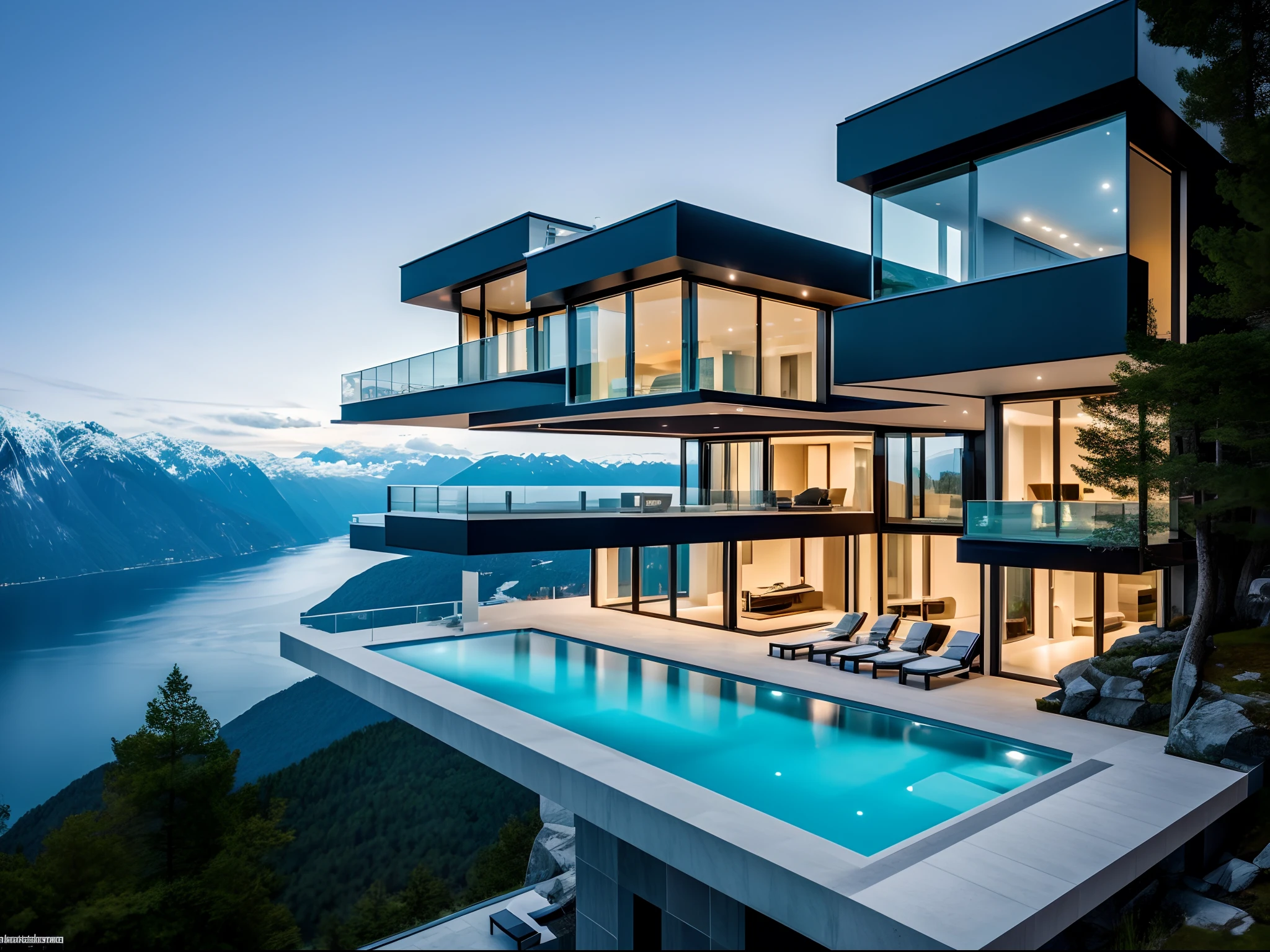 Modern villa on cliff built into the mountain, overlooking hardangerfjorden. James bond villain. Inside mountain. HD. Luxerious, expensive, pool, large futuristic residence, luxury architecture, ultra modern, sleek utopian design, modern architecture design, stunning high tech