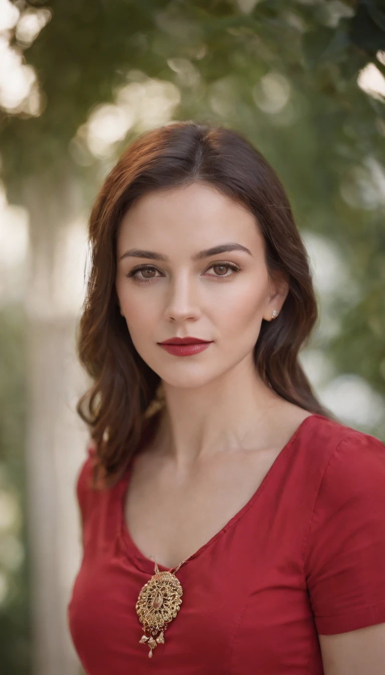 Close up portrait of woman in red shirt and necklace,Shot with Sony AIII high-resolution digital camera,