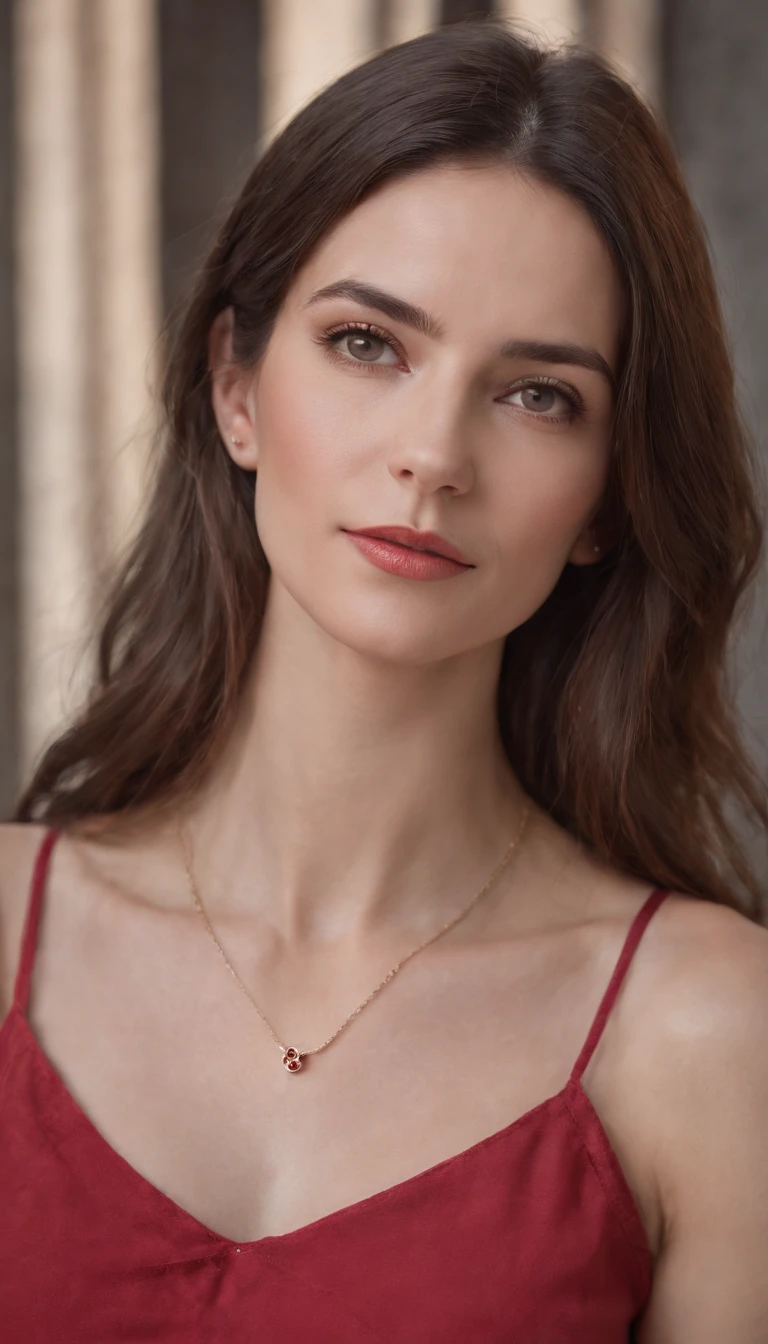 camera view {extreme close up} photo of 30 years old russian from future AI world, hourglass figure, swooping breasts, deep cleavage, curvy, armpits, tattoo on thighs, seductive eyes, ass, look at viewer lusciously, subtle smile, Pose {casual }onto a {dinner table} necklace, red lips, sultry, hair style {ponytail}, 4K, HD, wearing {sleeve less top}