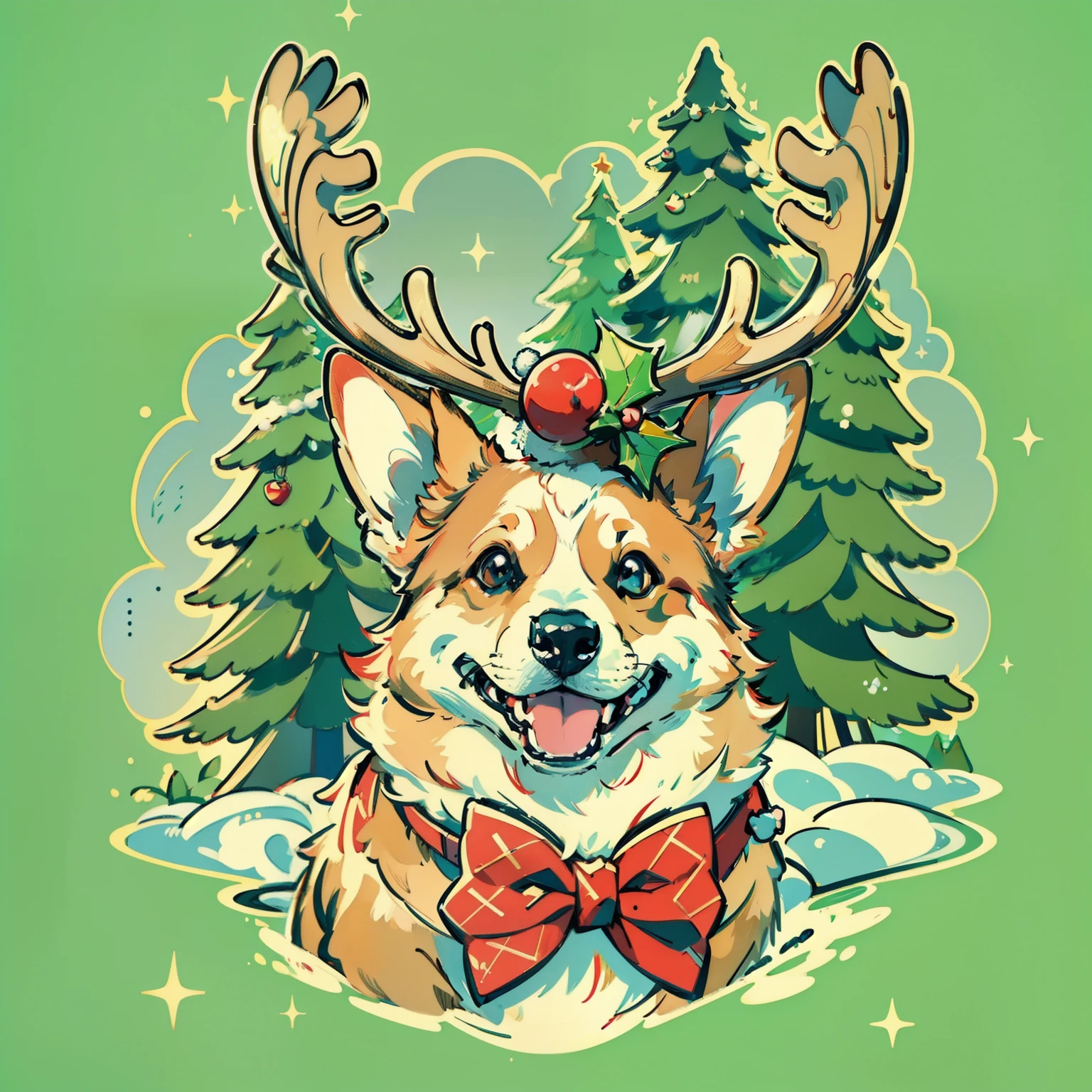 "cute corgi smile wearing a reindeer hat and a bow tie, pine tree Snow behind, merry Christmas style, ultra-high detail, (((white background))), cartoon Style, vector illustration, high quality, 12k, solid colors, ornate, 6 warm colors, sticker design, professional t-shirt design, vector t-shirt art ready to print, (Masterpiece, Best Quality, Highres:1.4)"