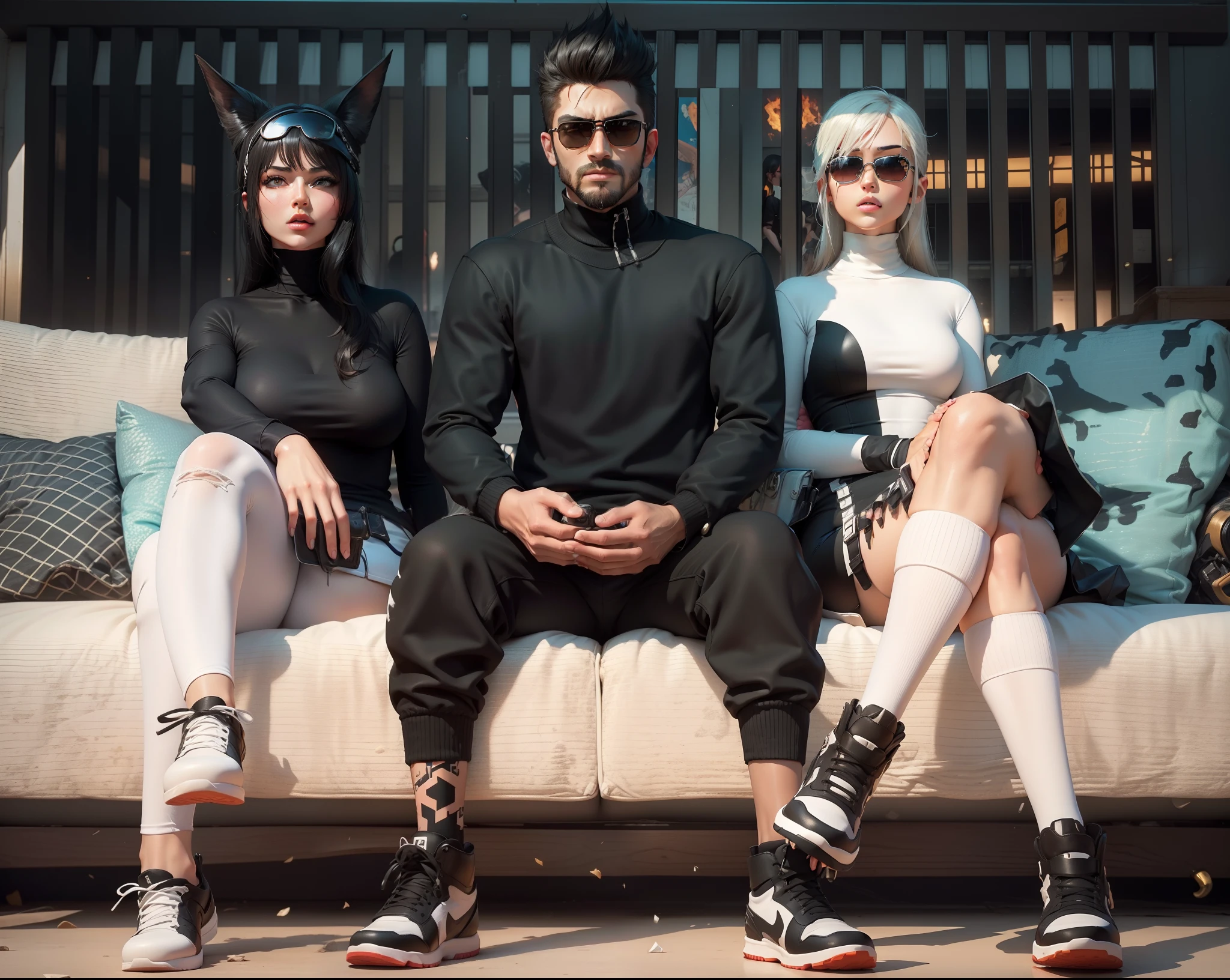 free fire gaming character sitting on sofa, (freefire game character), hd ultra attitude pose free fire male character (male character with white full tshirt and black pant) with two beautiful and hot girl with a sunglasses ( one girl in white dress and other girl in black dress) full dress hd ultra