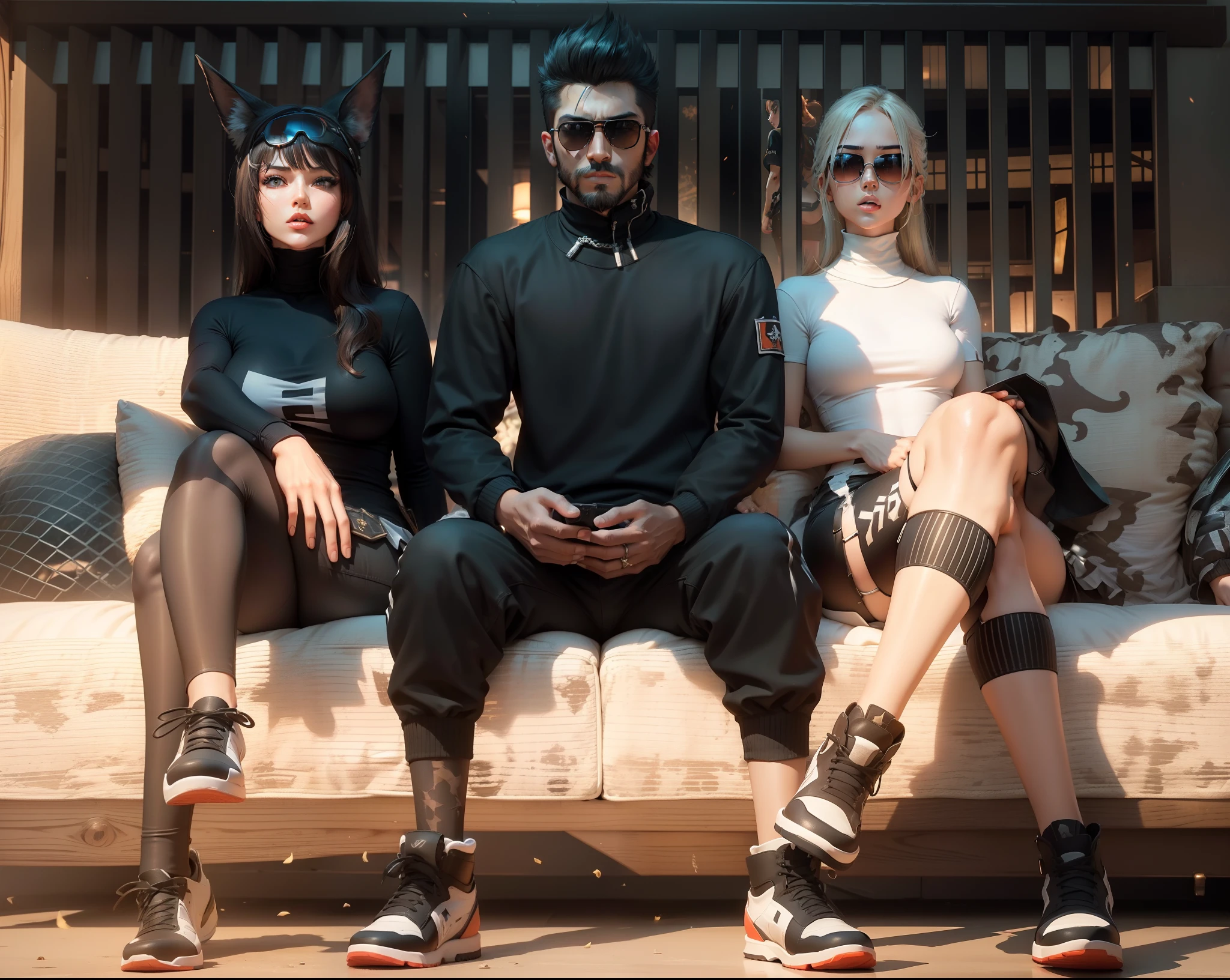free fire gaming character sitting on sofa, (freefire game character), hd ultra attitude pose free fire male character (male character with white full tshirt and black pant) with two beautiful and hot girl with a sunglasses ( one girl in white dress and other girl in black dress) full dress hd ultra