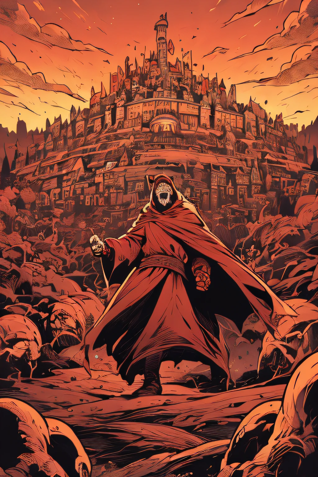 King in Crown Screaming in Hell、Red costume、castle in background