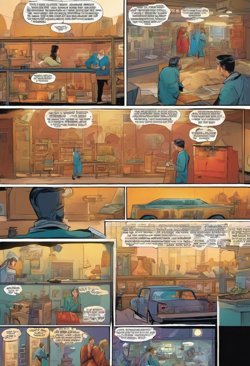 American comics, the comic story is presented in multiple irregular panels with color. The young scientist in laboratory. The style is exaggerated and detailed