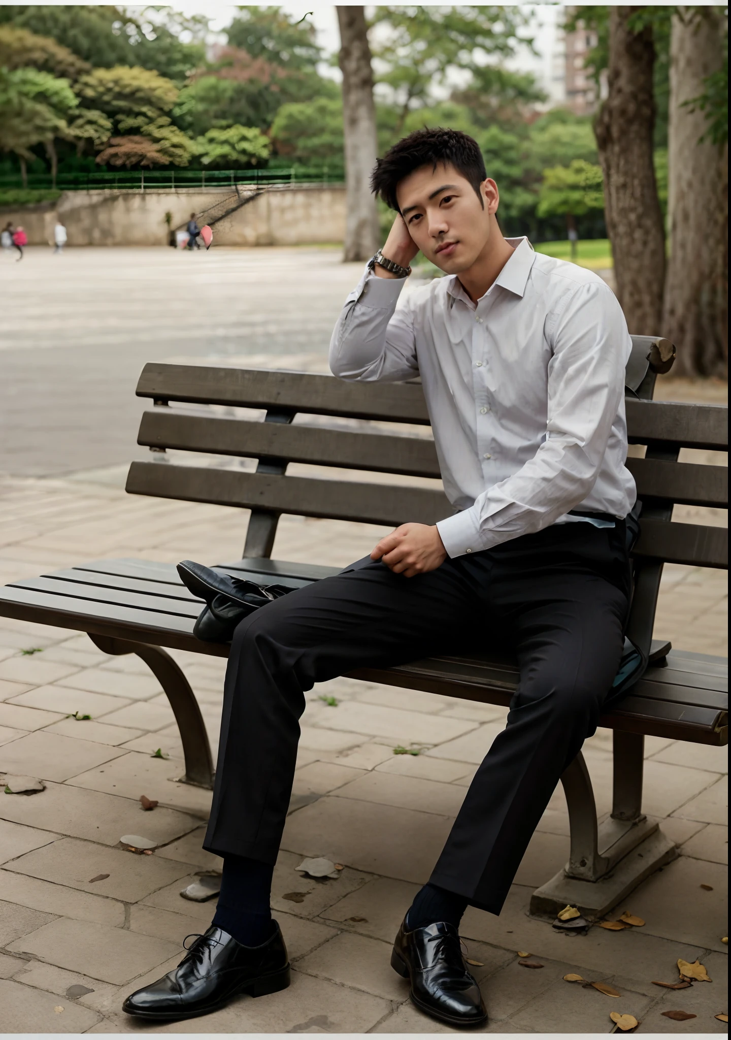 The Araffed man sits on a park bench,hand on the head, Sit on a bench, sitting on a bench, sitting on a bench, wearing causal black suits, Sitting on a park bench, Black suit pants, South Korean male, sittinng on the desk, well-groomed model, grey pants and black dress shoes, handsome and elegant